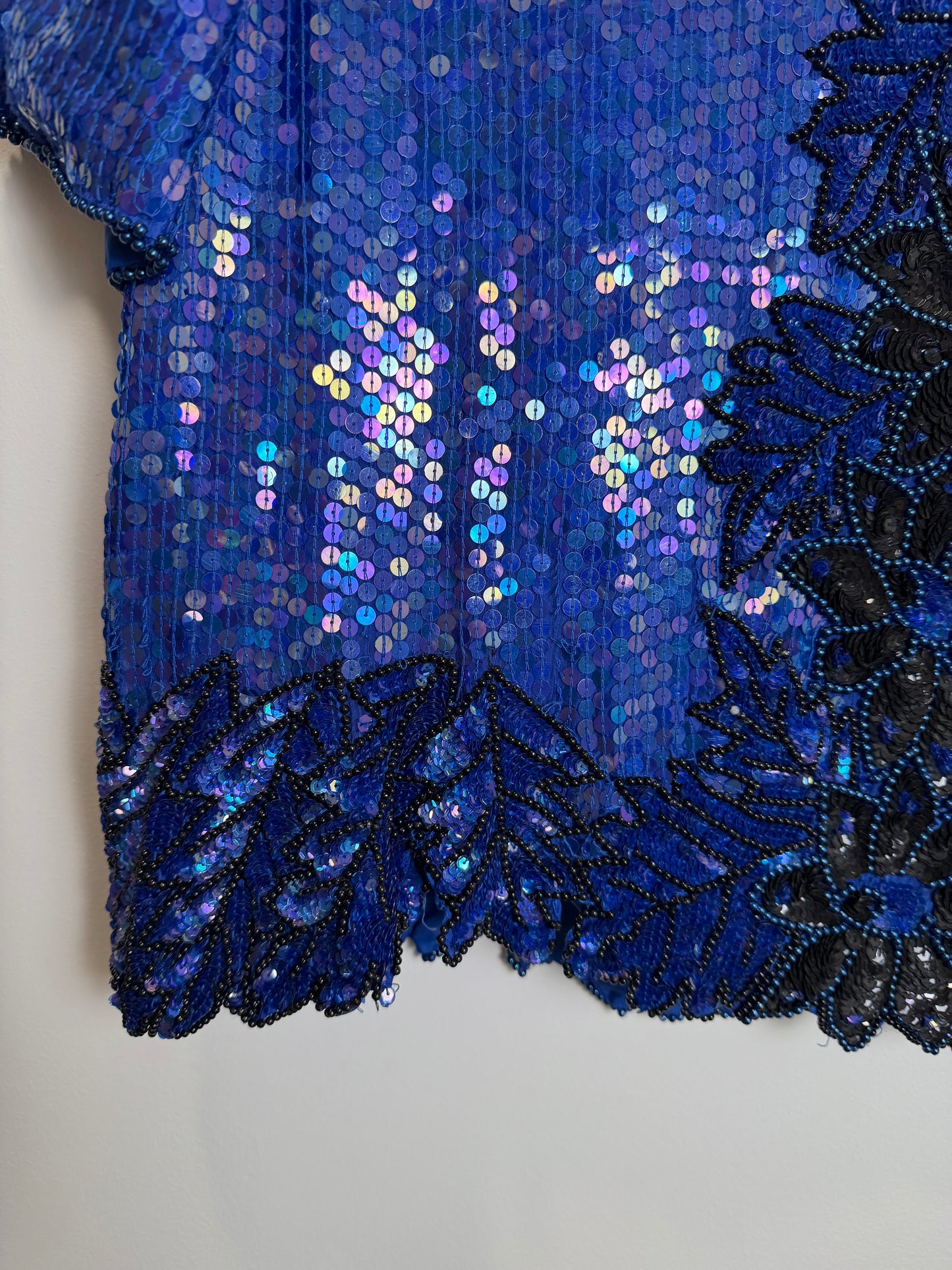 Vintage Stenay Silk Blue Sequin Beaded Floral Evening Top Blouse 2X