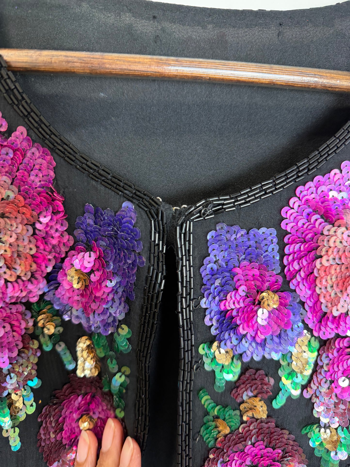 Vintage Floral Sequin Beaded Hook & Eye Jacket Black Evening Party 3X