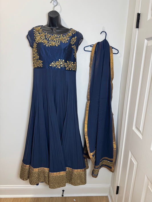 Navy Blue Gold Gown - 36