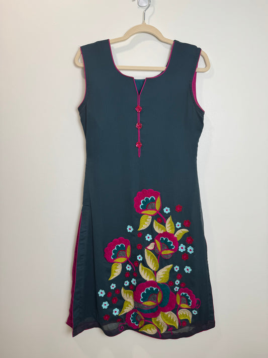 Dark Aqua Blue Floral Kurta - 36