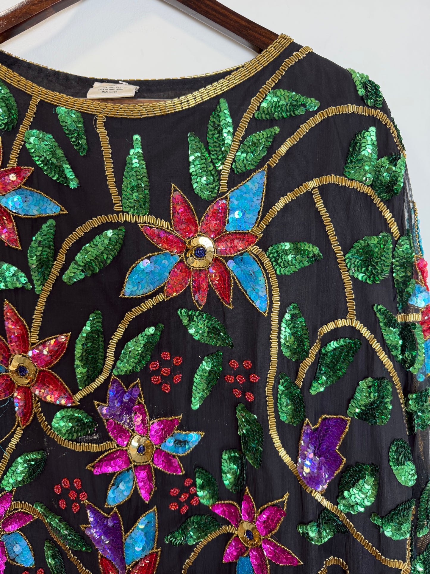 Vintage India Silk Sequin Beaded Floral Jacket Top Black 3X Boho Art Wear