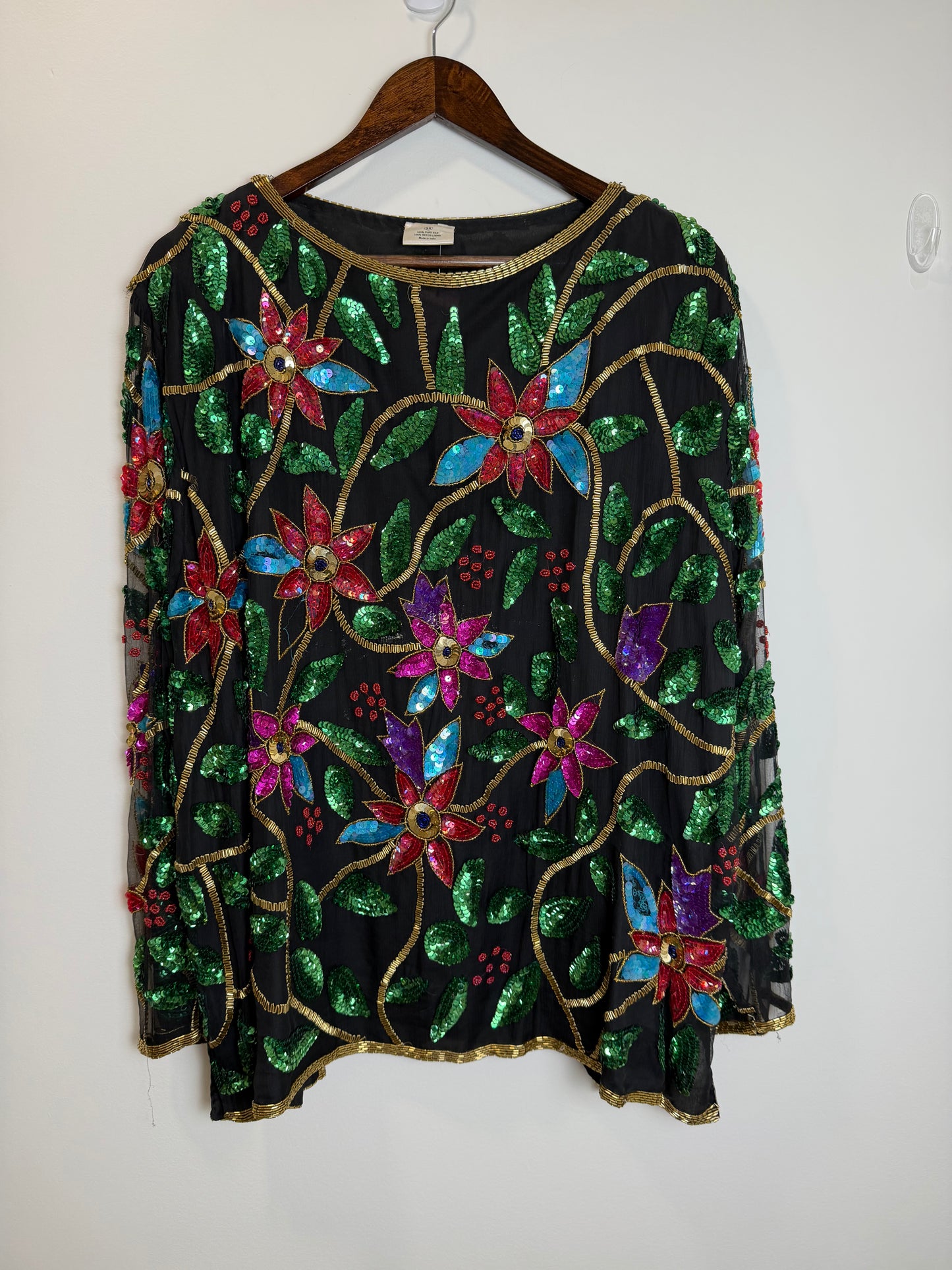 Vintage India Silk Sequin Beaded Floral Jacket Top Black 3X Boho Art Wear