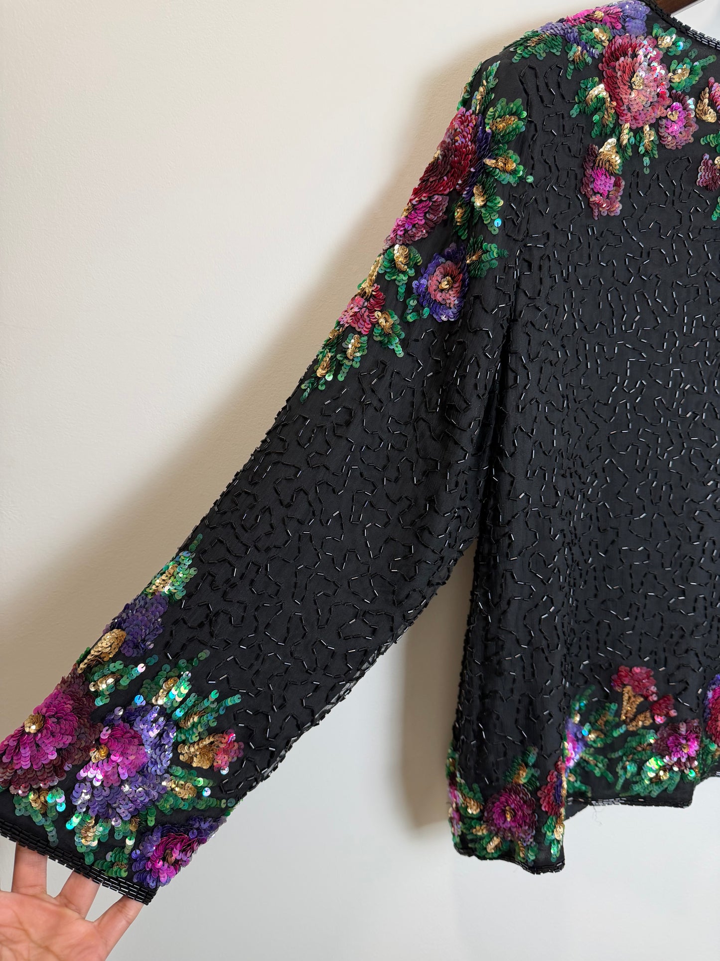 Vintage Floral Sequin Beaded Hook & Eye Jacket Black Evening Party 3X