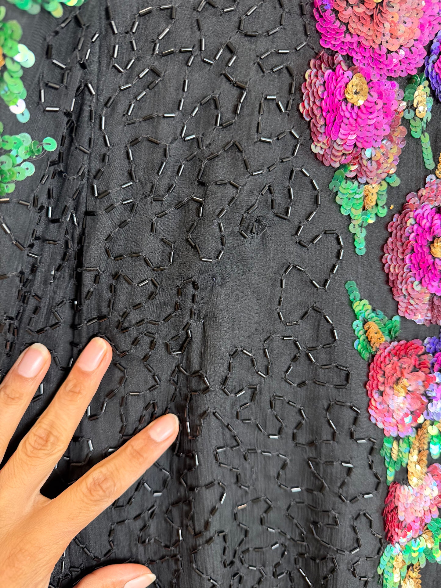 Vintage Floral Sequin Beaded Hook & Eye Jacket Black Evening Party 3X