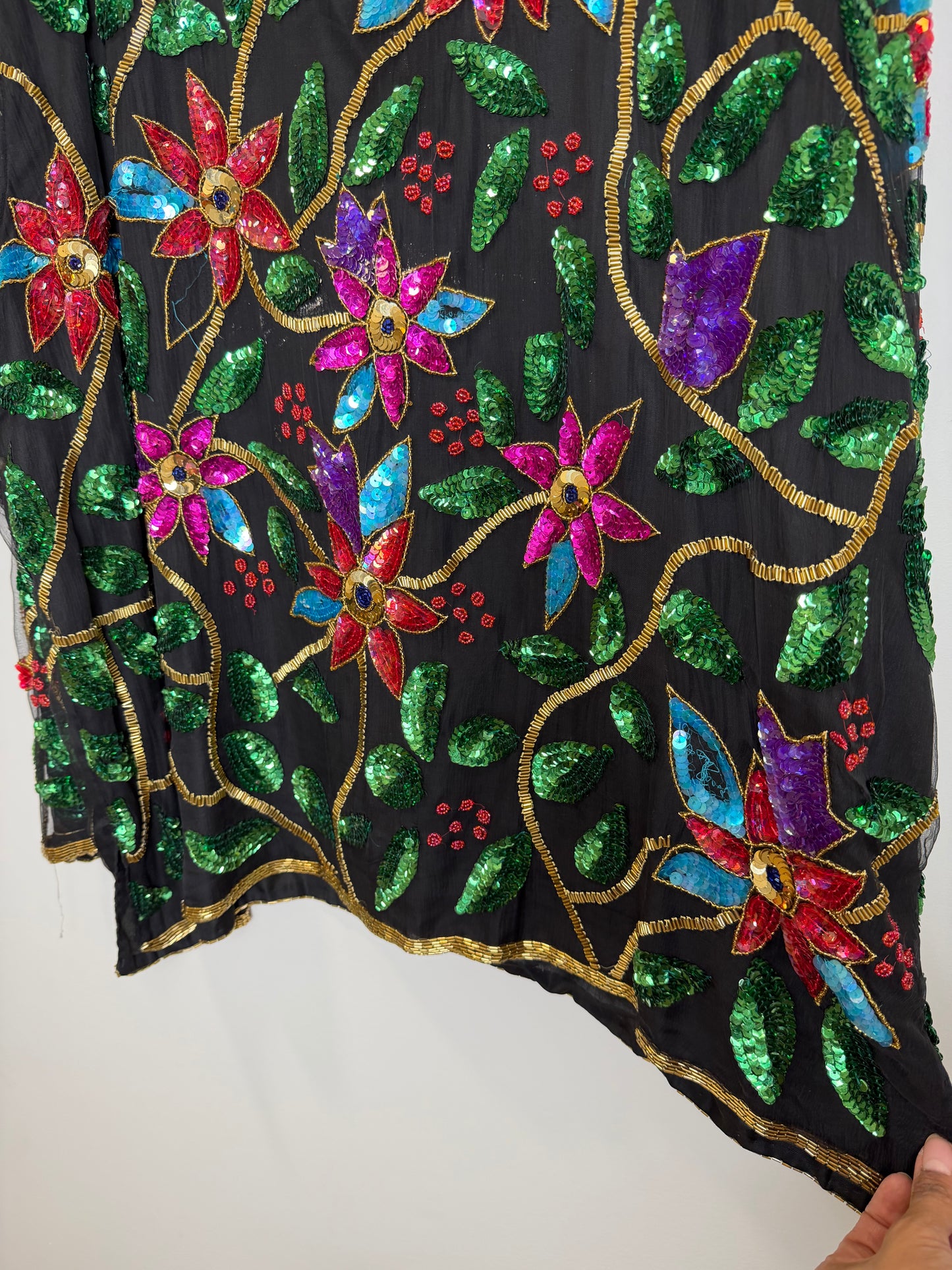 Vintage India Silk Sequin Beaded Floral Jacket Top Black 3X Boho Art Wear