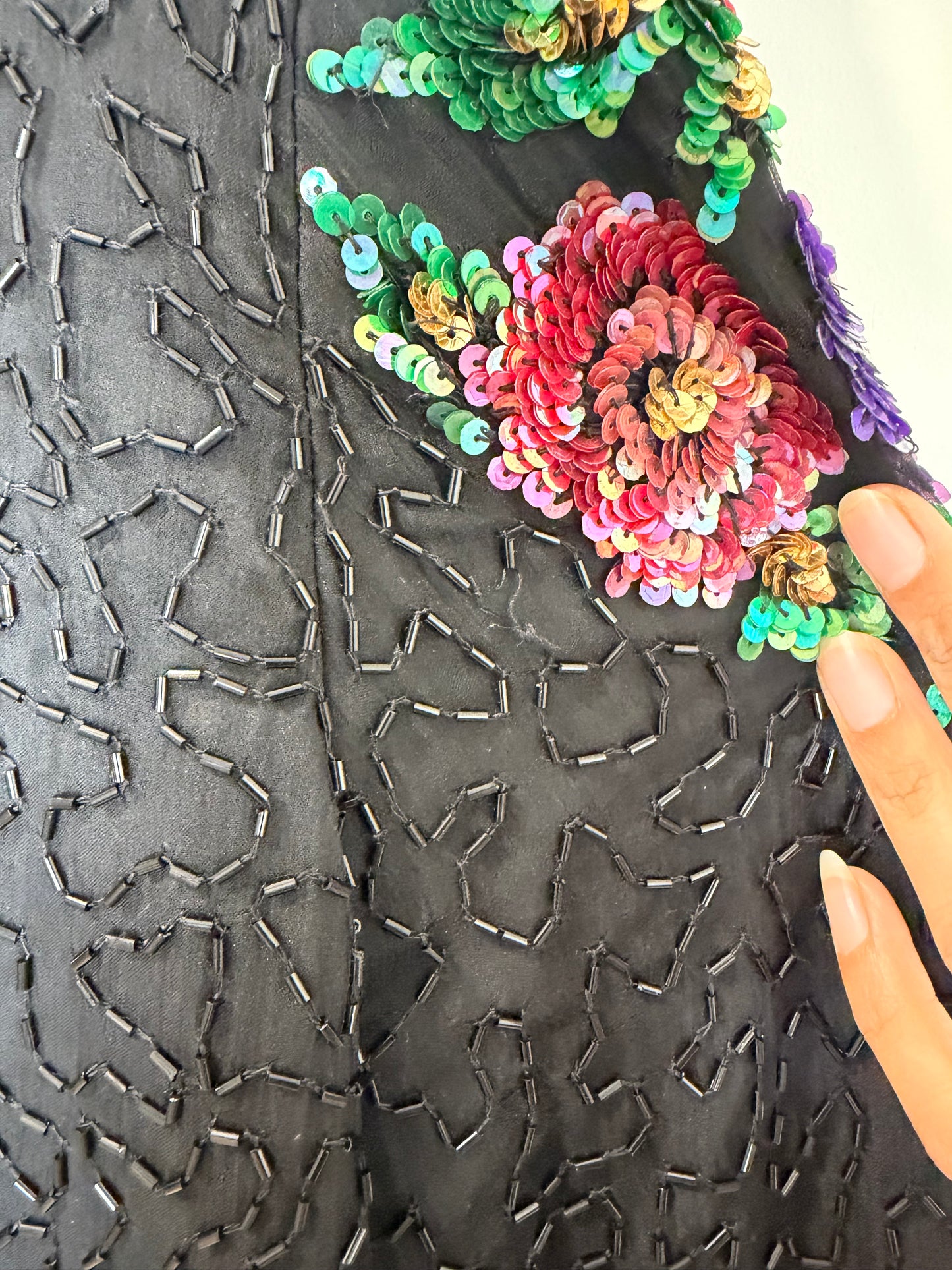 Vintage Floral Sequin Beaded Hook & Eye Jacket Black Evening Party 3X