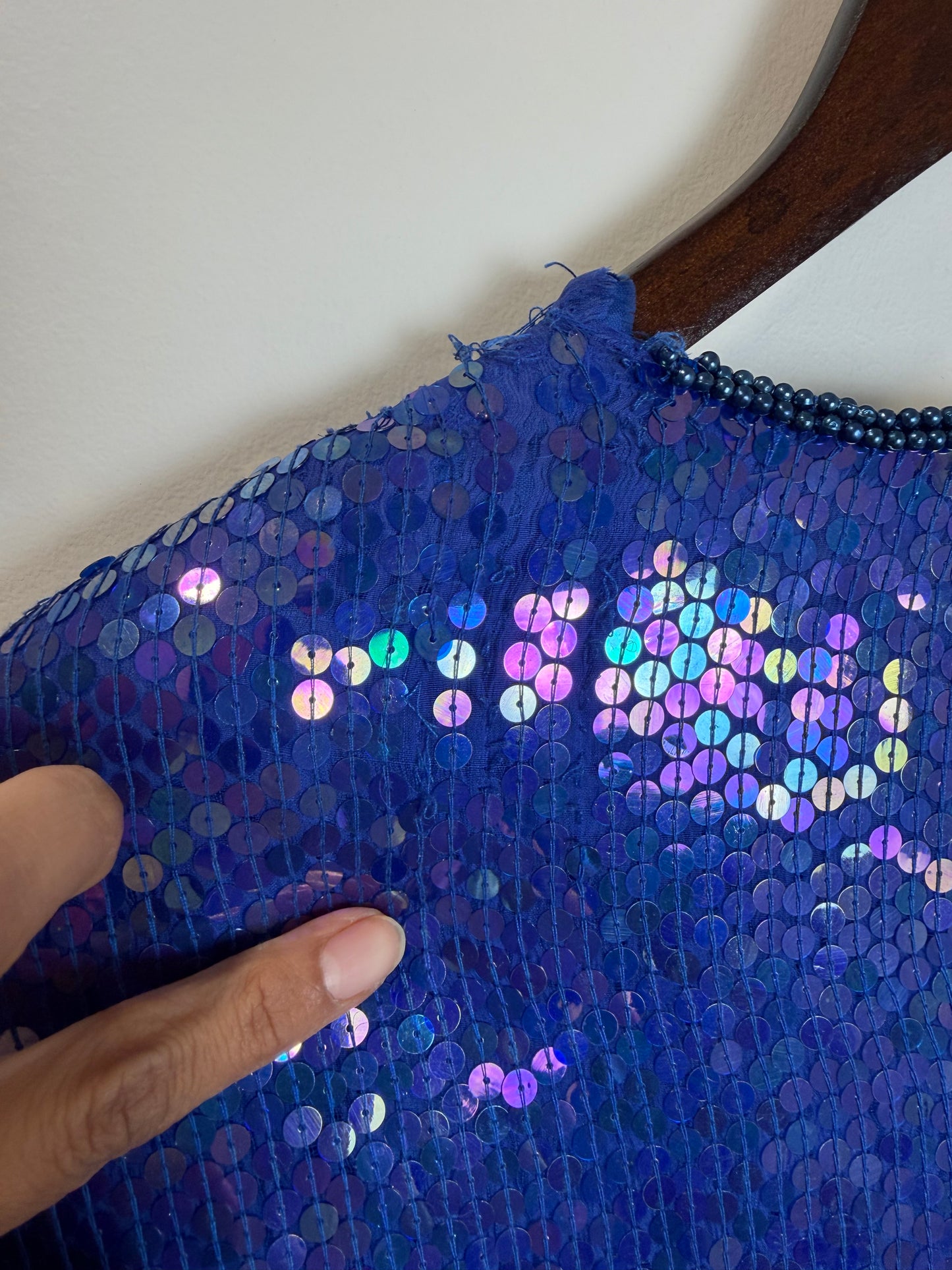 Vintage Stenay Silk Blue Sequin Beaded Floral Evening Top Blouse 2X