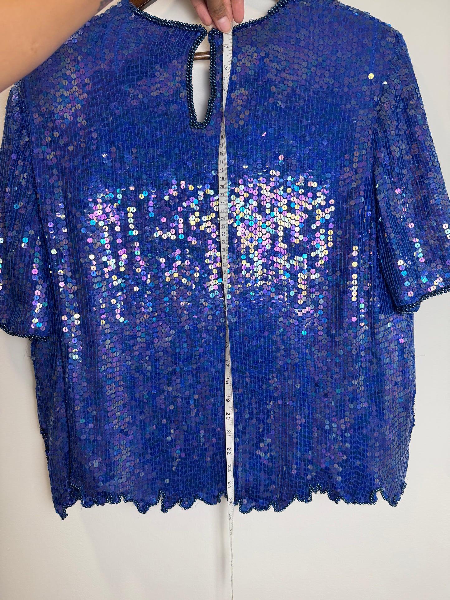 Vintage Stenay Silk Blue Sequin Beaded Floral Evening Top Blouse 2X