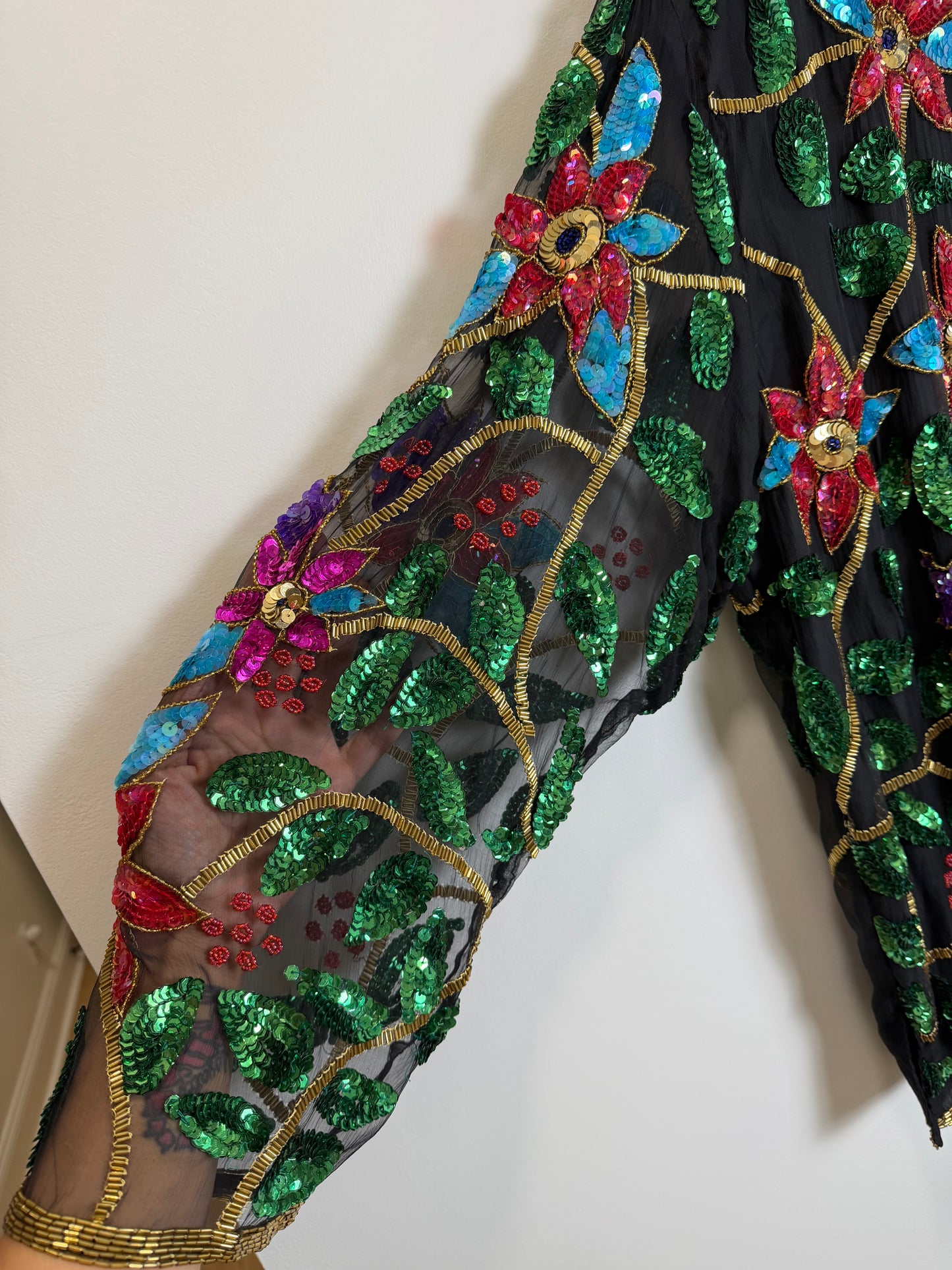 Vintage India Silk Sequin Beaded Floral Jacket Top Black 3X Boho Art Wear