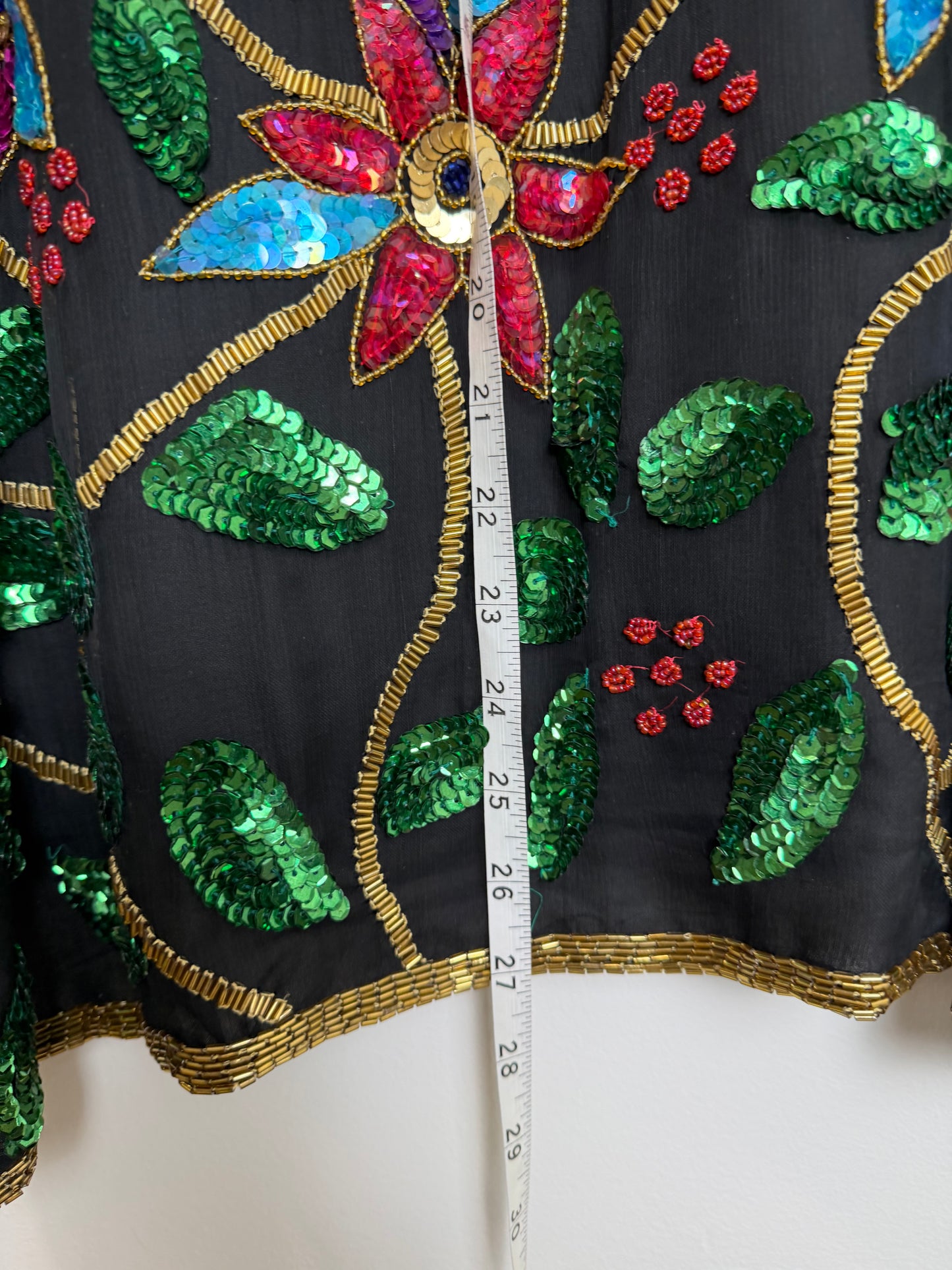 Vintage India Silk Sequin Beaded Floral Jacket Top Black 3X Boho Art Wear