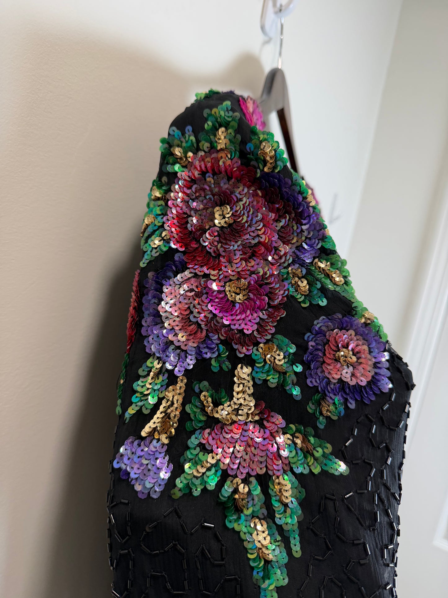 Vintage Floral Sequin Beaded Hook & Eye Jacket Black Evening Party 3X