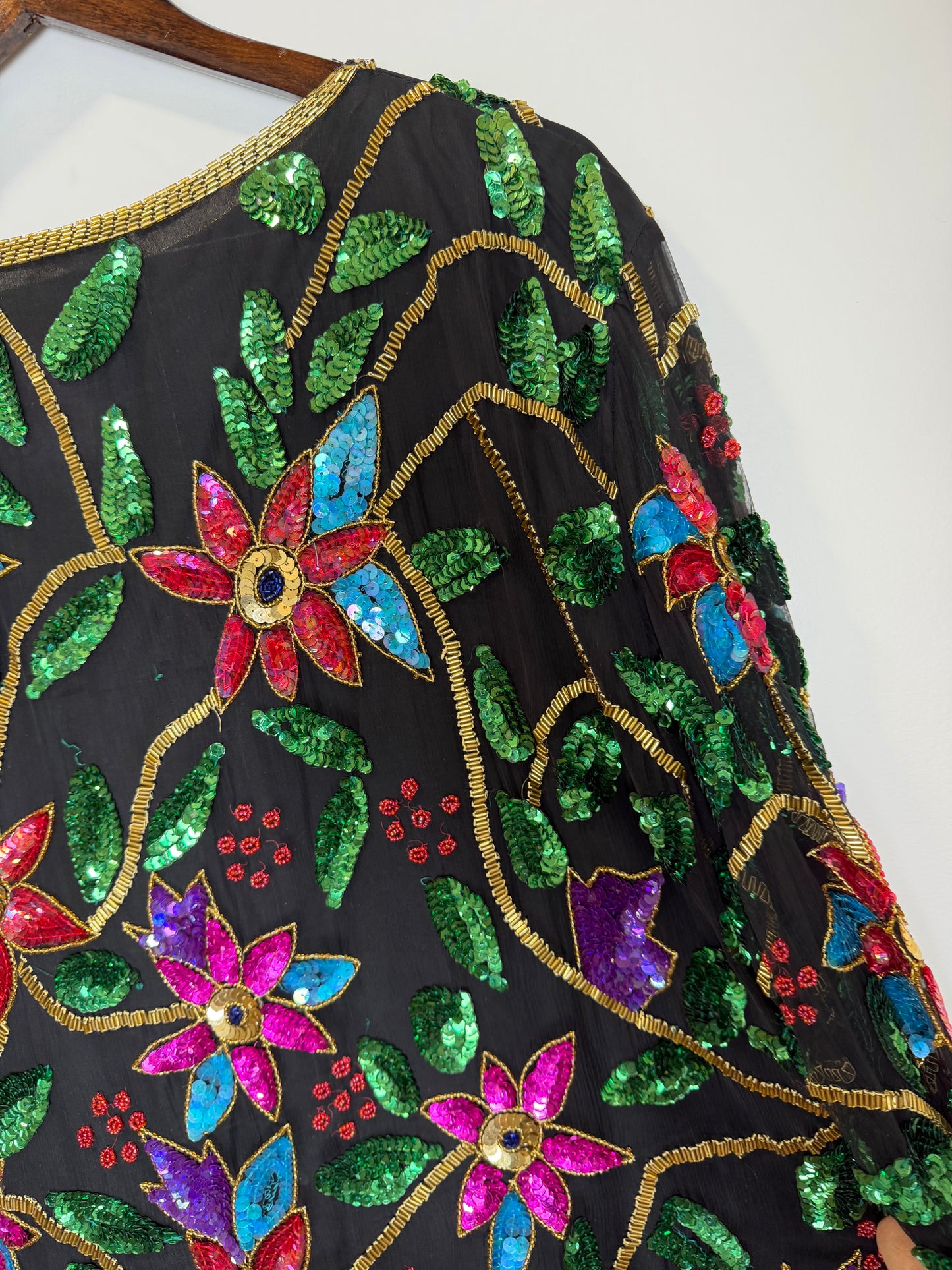 Vintage India Silk Sequin Beaded Floral Jacket Top Black 3X Boho Art Wear