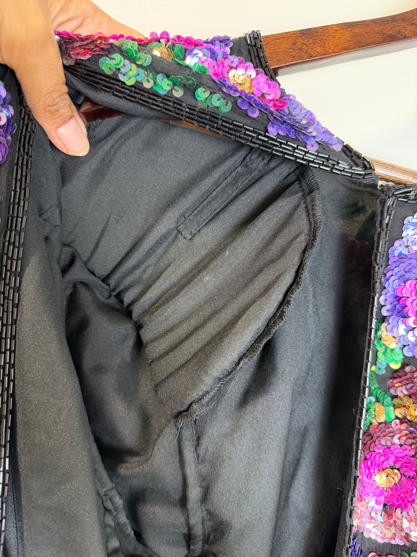 Vintage Floral Sequin Beaded Hook & Eye Jacket Black Evening Party 3X