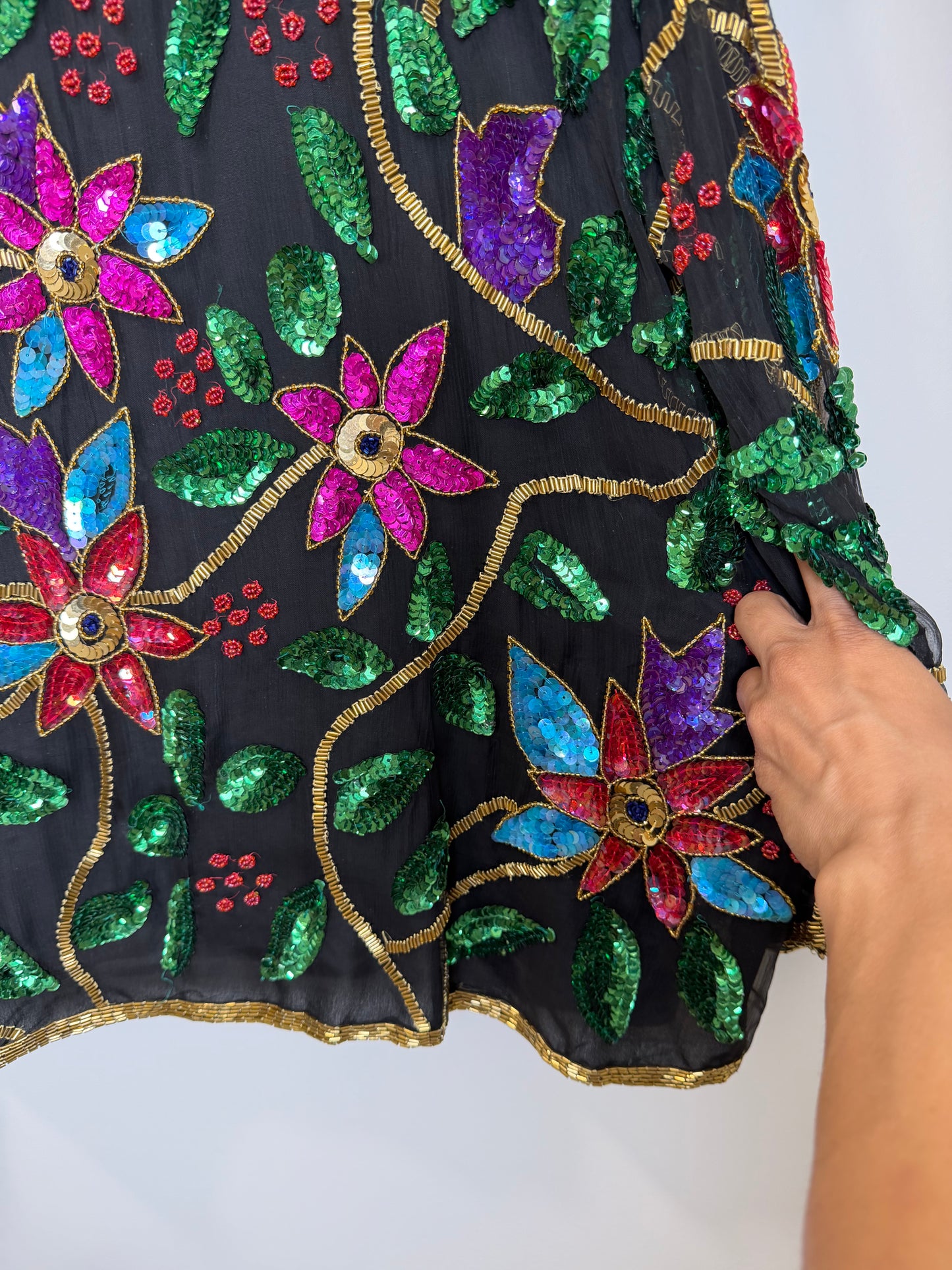 Vintage India Silk Sequin Beaded Floral Jacket Top Black 3X Boho Art Wear