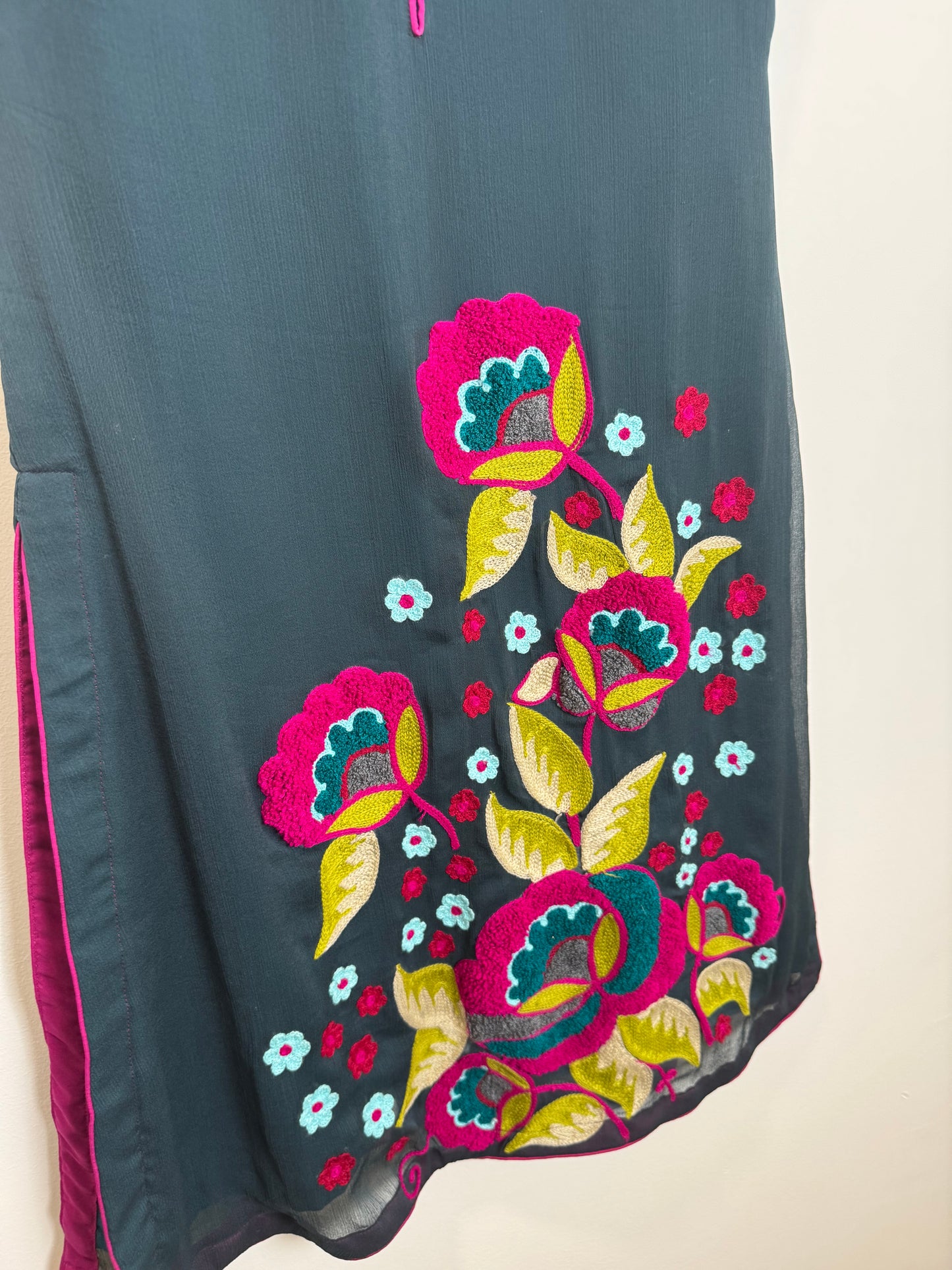 Dark Aqua Blue Floral Kurta - 36