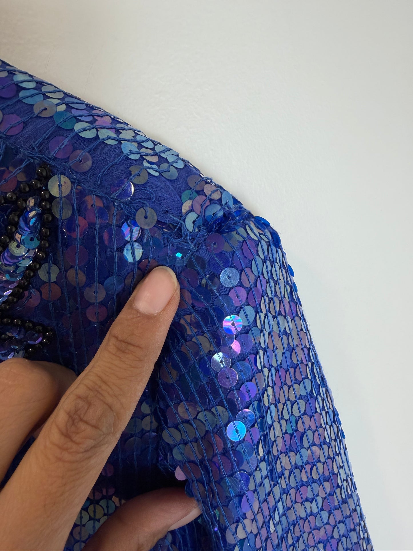Vintage Stenay Silk Blue Sequin Beaded Floral Evening Top Blouse 2X