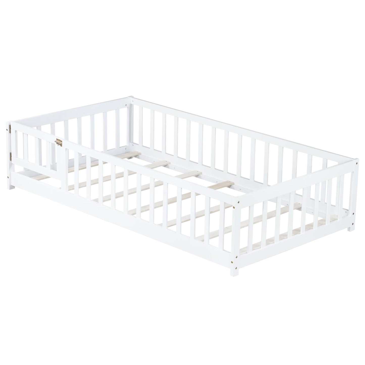 Bellemave Full Size Floor Bed with Slats and Safety Guardrail, Full Size Montessori Floor Bed with Fence and Door, Easy Assemble Montessori Beds for Kids, Girls, Boys, White