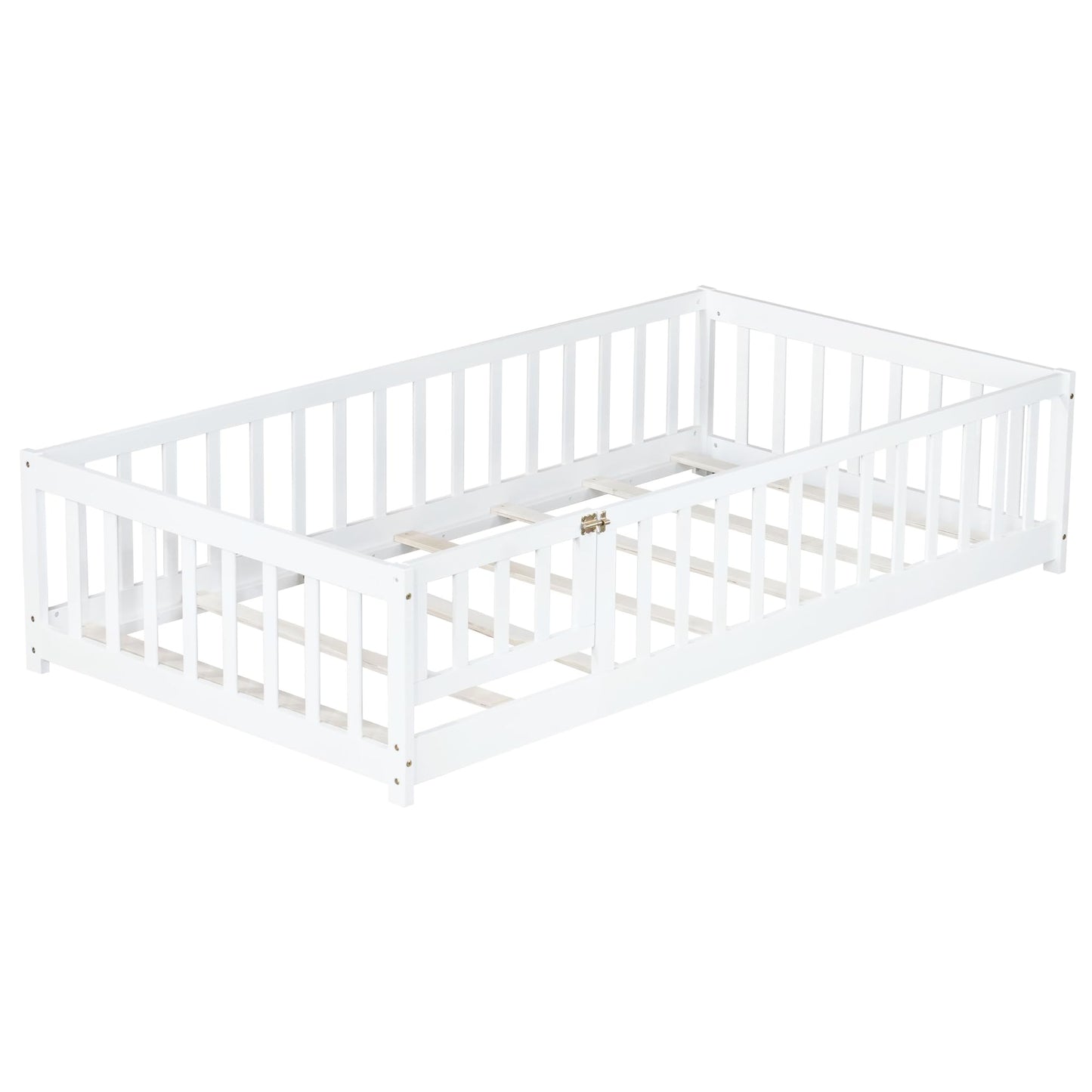 Bellemave Full Size Floor Bed with Slats and Safety Guardrail, Full Size Montessori Floor Bed with Fence and Door, Easy Assemble Montessori Beds for Kids, Girls, Boys, White