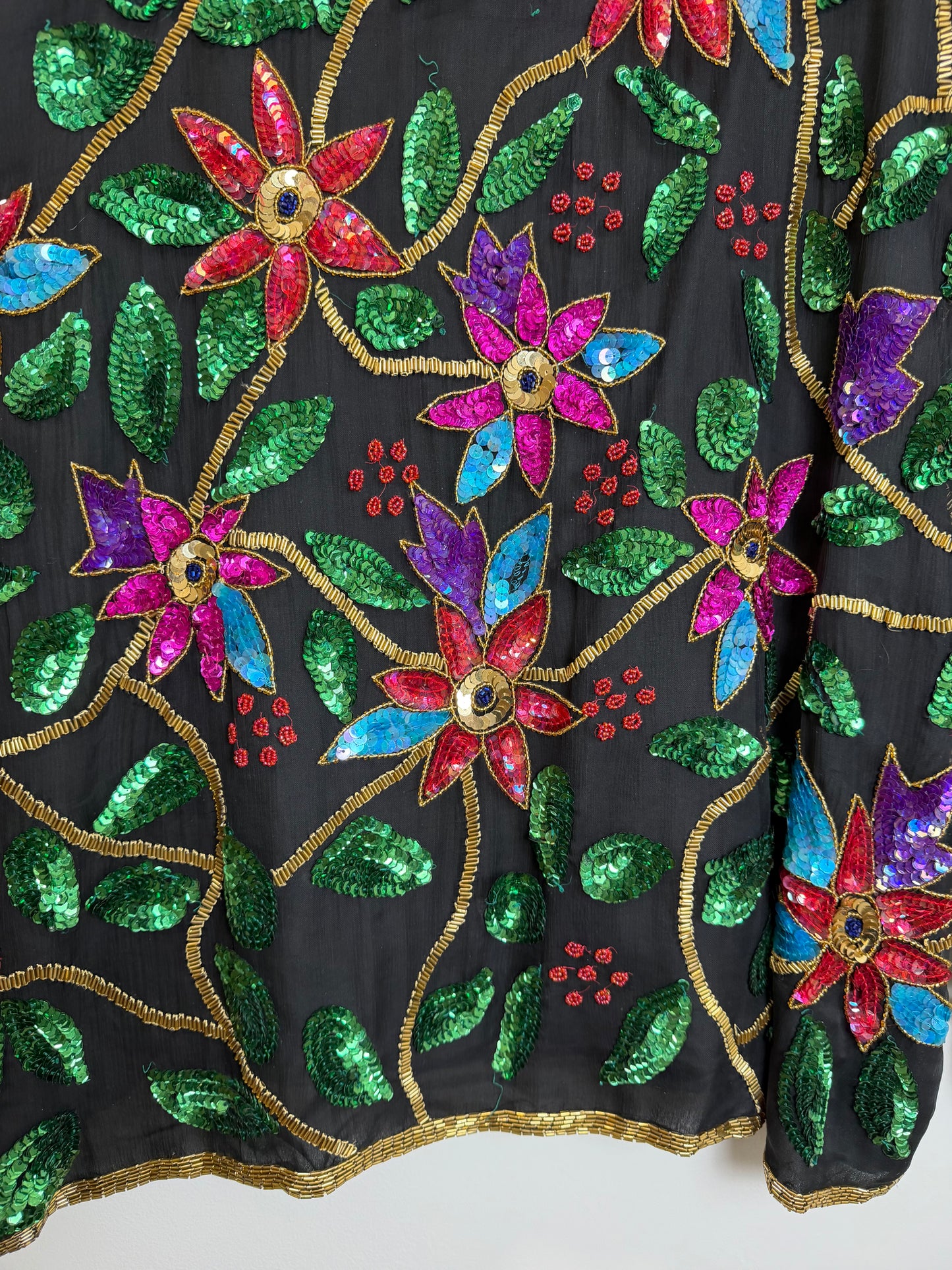 Vintage India Silk Sequin Beaded Floral Jacket Top Black 3X Boho Art Wear