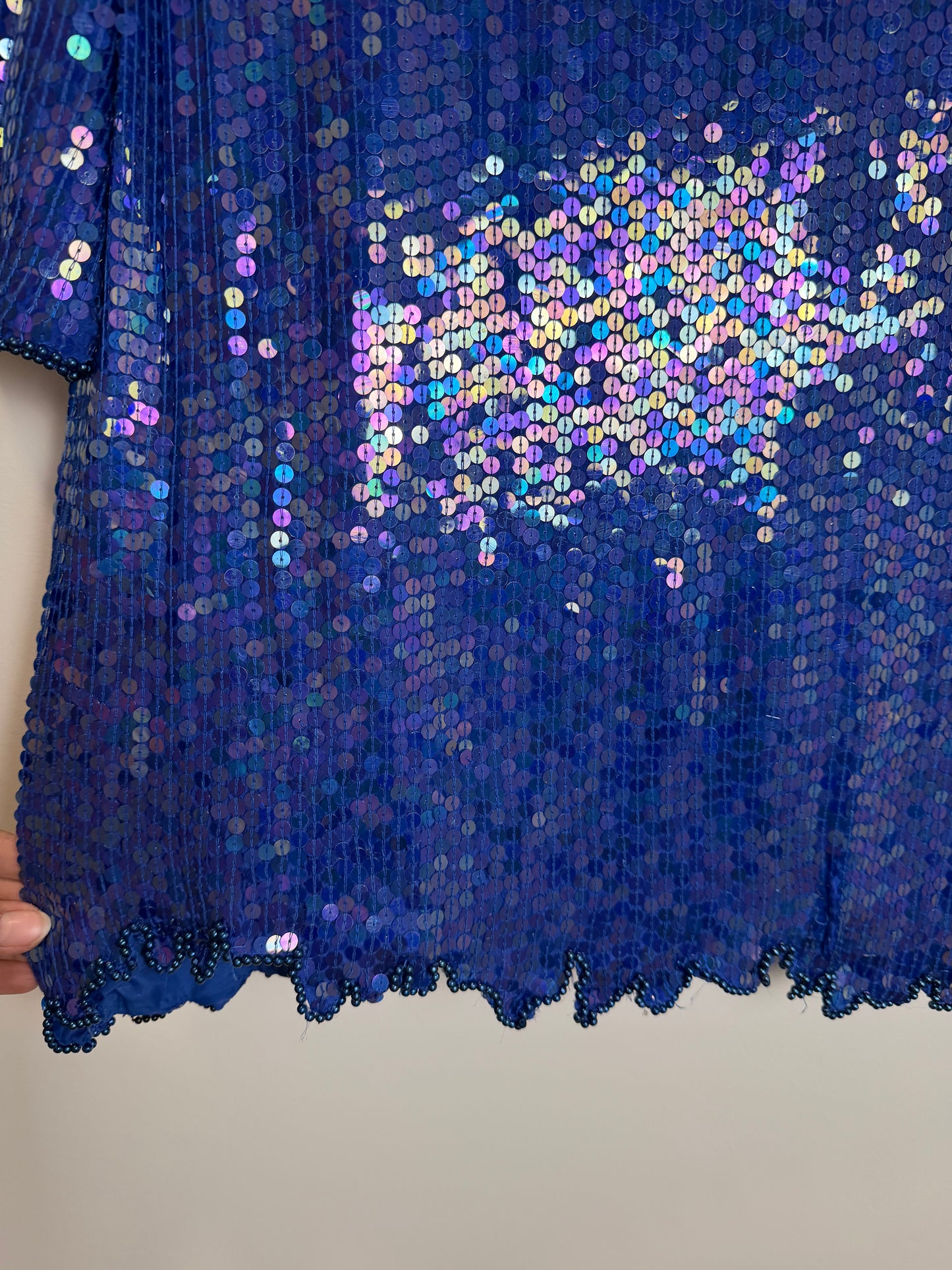 Vintage Stenay Silk Blue Sequin Beaded Floral Evening Top Blouse 2X