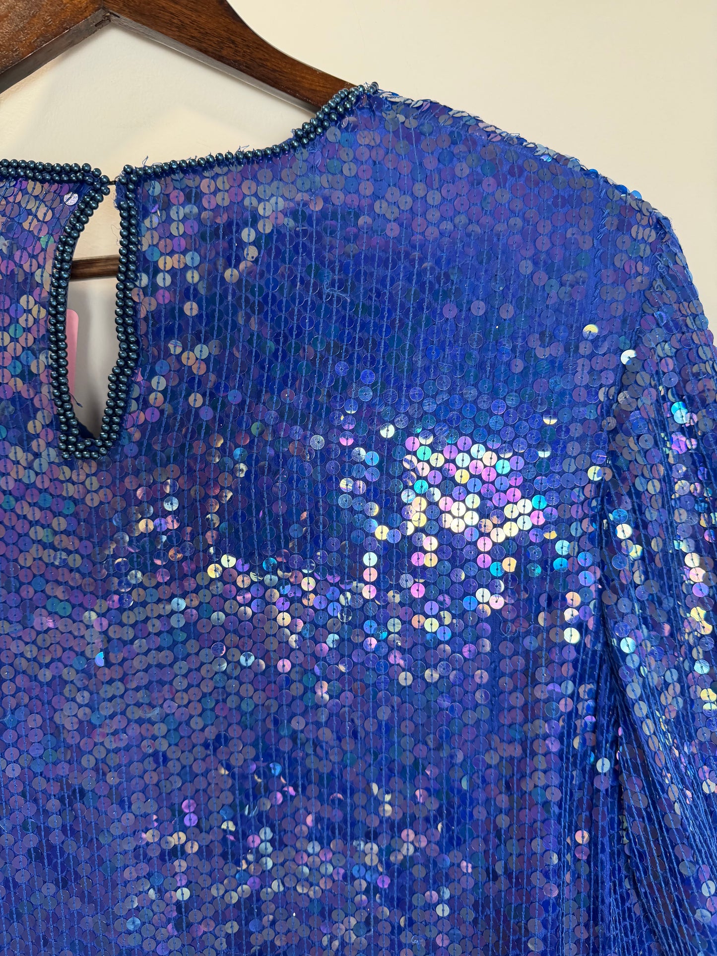 Vintage Stenay Silk Blue Sequin Beaded Floral Evening Top Blouse 2X