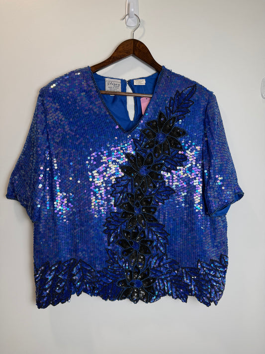 Vintage Stenay Silk Blue Sequin Beaded Floral Evening Top Blouse 2X