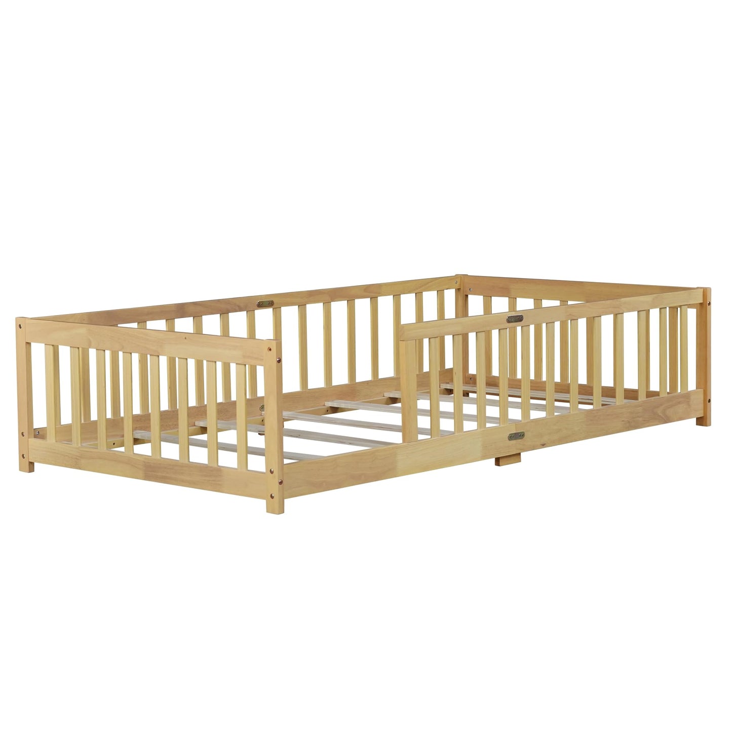 Bellemave Full Size Floor Bed with Slats and Safety Guardrail, Full Size Montessori Floor Bed with Fence and Door, Easy Assemble Montessori Beds for Kids, Girls, Boys, White