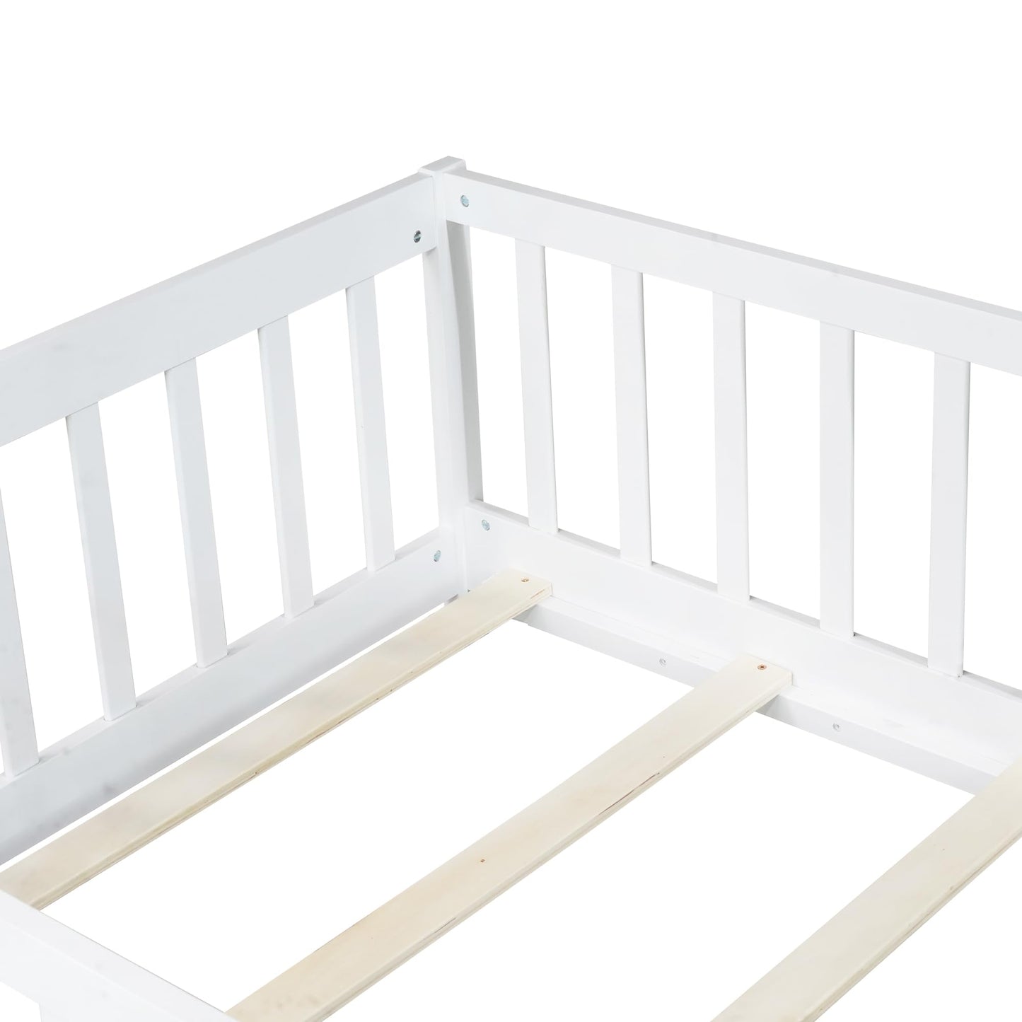 Bellemave Full Size Floor Bed with Slats and Safety Guardrail, Full Size Montessori Floor Bed with Fence and Door, Easy Assemble Montessori Beds for Kids, Girls, Boys, White