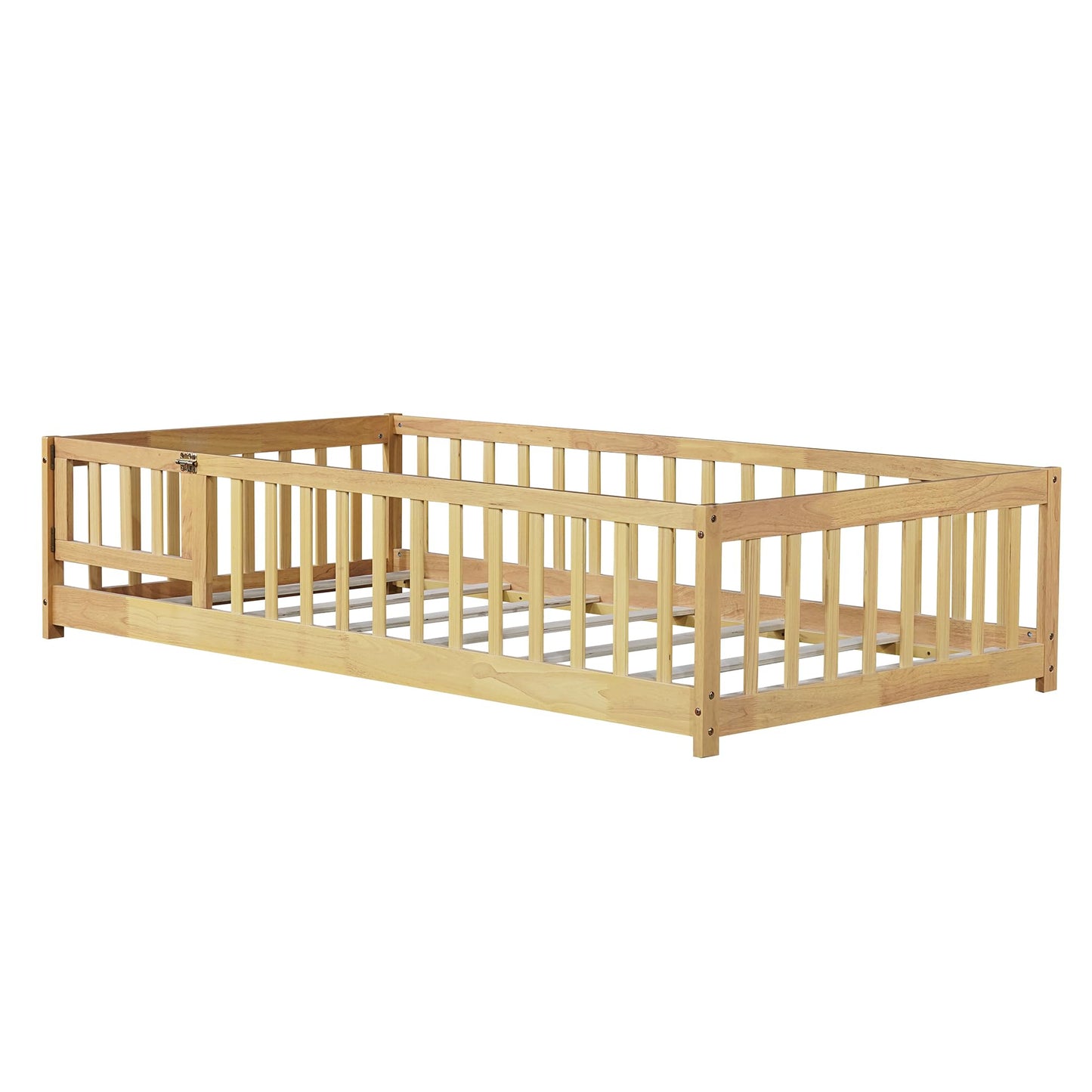 Bellemave Full Size Floor Bed with Slats and Safety Guardrail, Full Size Montessori Floor Bed with Fence and Door, Easy Assemble Montessori Beds for Kids, Girls, Boys, White