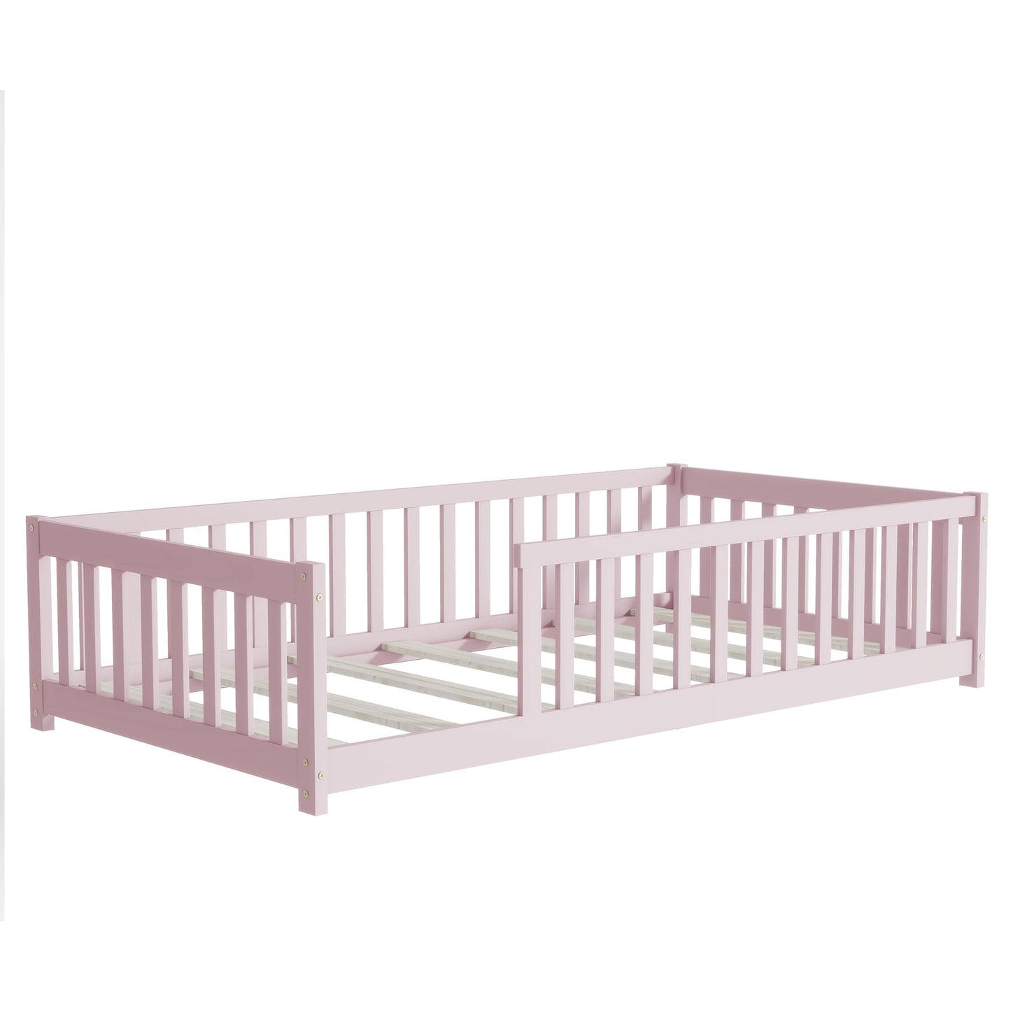 Bellemave Full Size Floor Bed with Slats and Safety Guardrail, Full Size Montessori Floor Bed with Fence and Door, Easy Assemble Montessori Beds for Kids, Girls, Boys, White