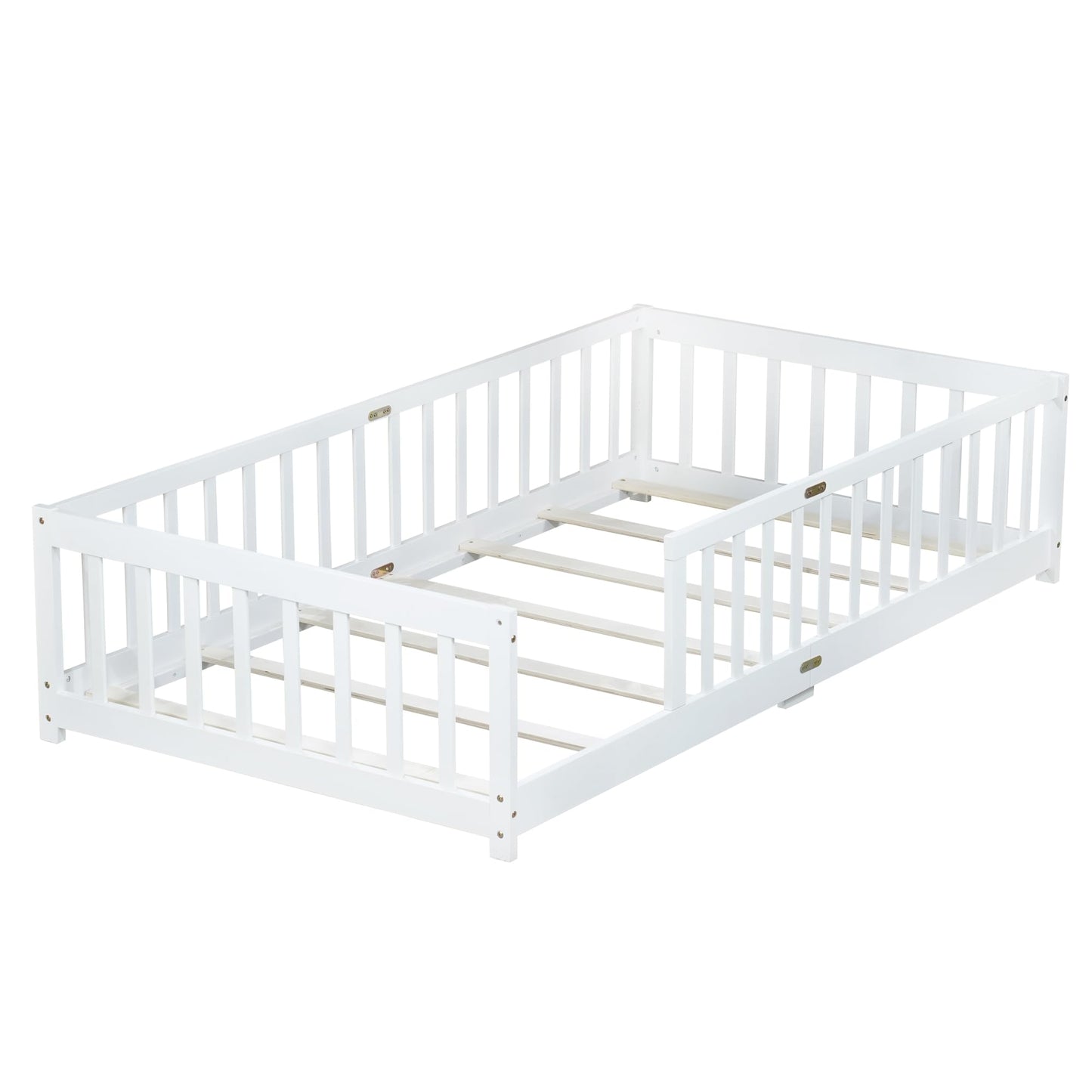 Bellemave Full Size Floor Bed with Slats and Safety Guardrail, Full Size Montessori Floor Bed with Fence and Door, Easy Assemble Montessori Beds for Kids, Girls, Boys, White