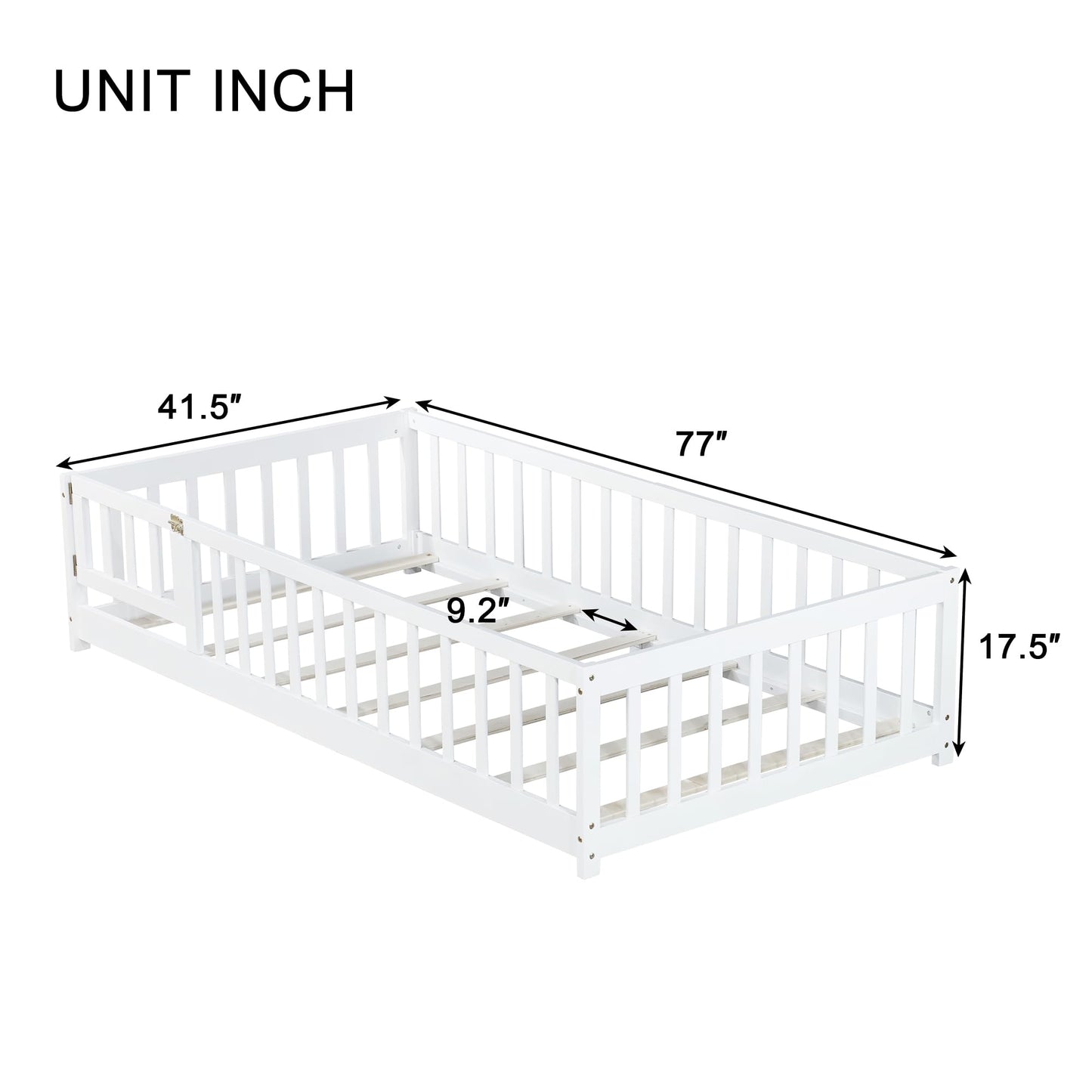 Bellemave Full Size Floor Bed with Slats and Safety Guardrail, Full Size Montessori Floor Bed with Fence and Door, Easy Assemble Montessori Beds for Kids, Girls, Boys, White