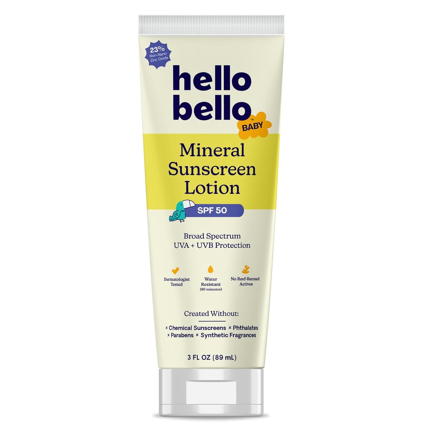 Hello Bello Mineral SPF 55 Sunscreen Lotion with Prebiotics, Water Resistant and Reef Friendly Sun Protection for Babies and Kids, 3 fl oz (Pack of 1)