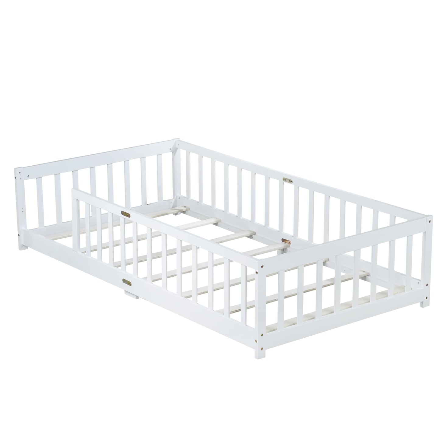Bellemave Full Size Floor Bed with Slats and Safety Guardrail, Full Size Montessori Floor Bed with Fence and Door, Easy Assemble Montessori Beds for Kids, Girls, Boys, White
