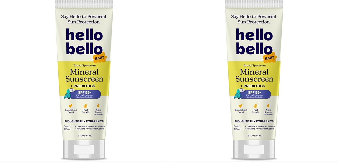 Hello Bello Mineral SPF 55 Sunscreen Lotion with Prebiotics, Water Resistant and Reef Friendly Sun Protection for Babies and Kids, 3 fl oz (Pack of 1)