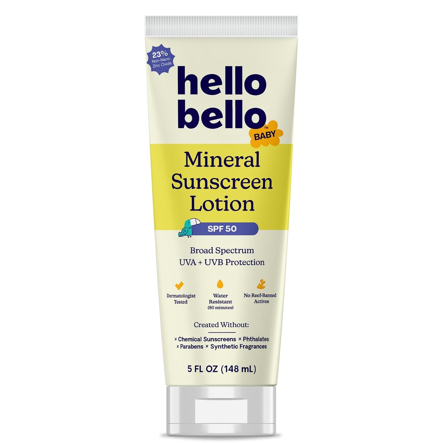 Hello Bello Mineral SPF 55 Sunscreen Lotion with Prebiotics, Water Resistant and Reef Friendly Sun Protection for Babies and Kids, 3 fl oz (Pack of 1)