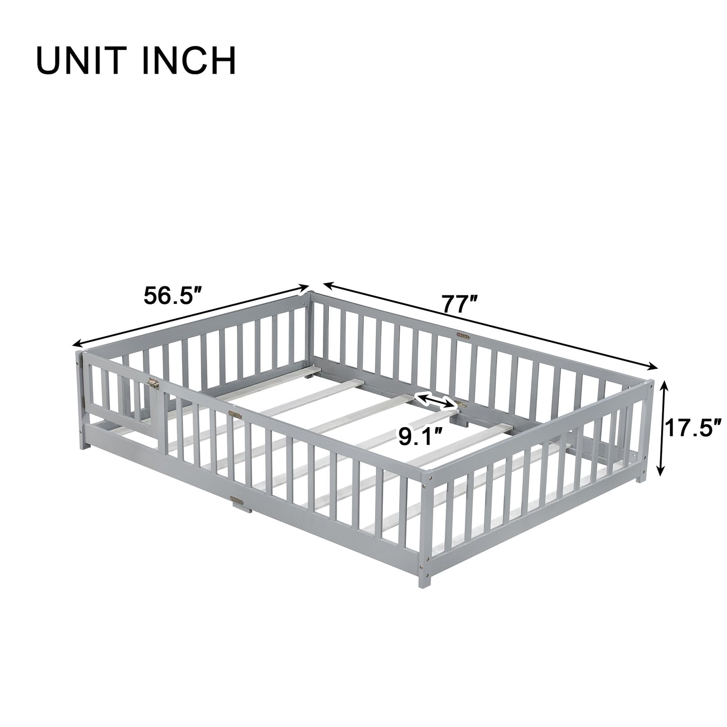 Bellemave Full Size Floor Bed with Slats and Safety Guardrail, Full Size Montessori Floor Bed with Fence and Door, Easy Assemble Montessori Beds for Kids, Girls, Boys, White