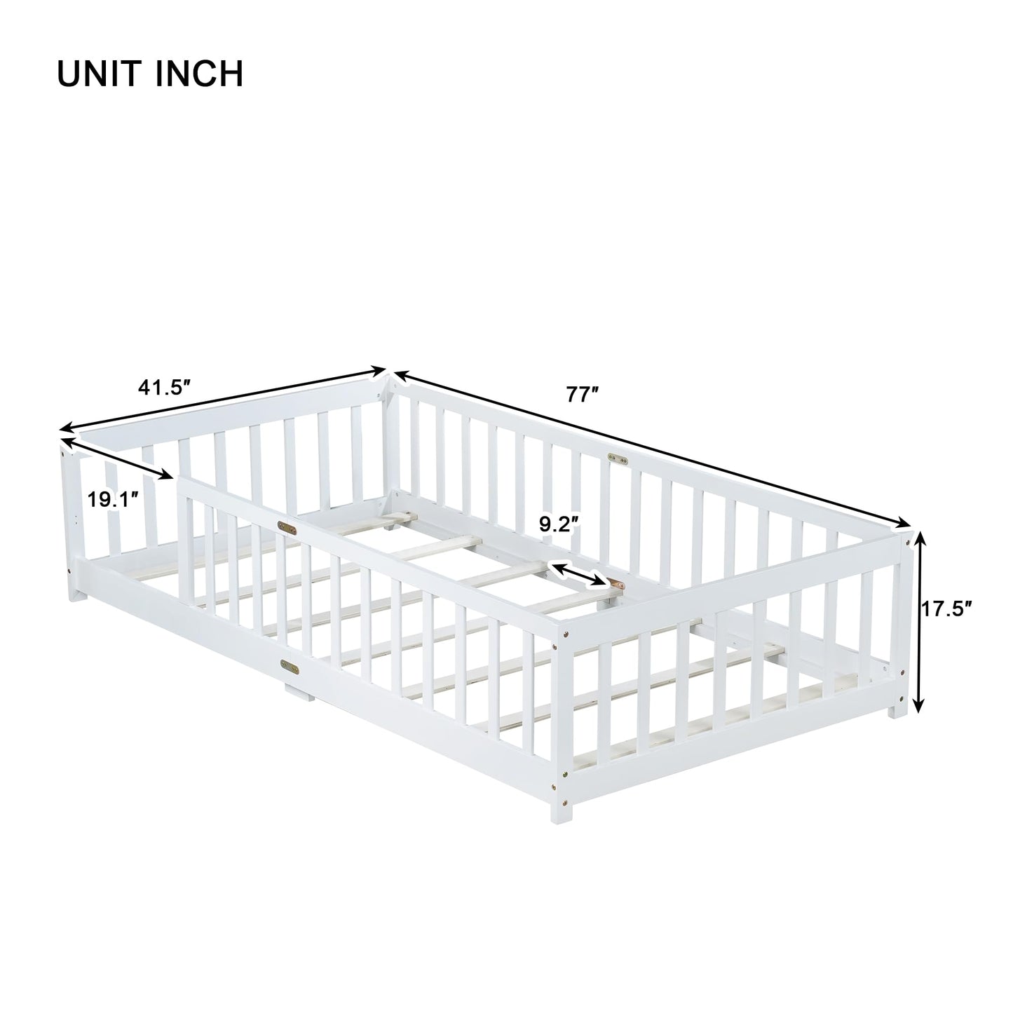 Bellemave Full Size Floor Bed with Slats and Safety Guardrail, Full Size Montessori Floor Bed with Fence and Door, Easy Assemble Montessori Beds for Kids, Girls, Boys, White