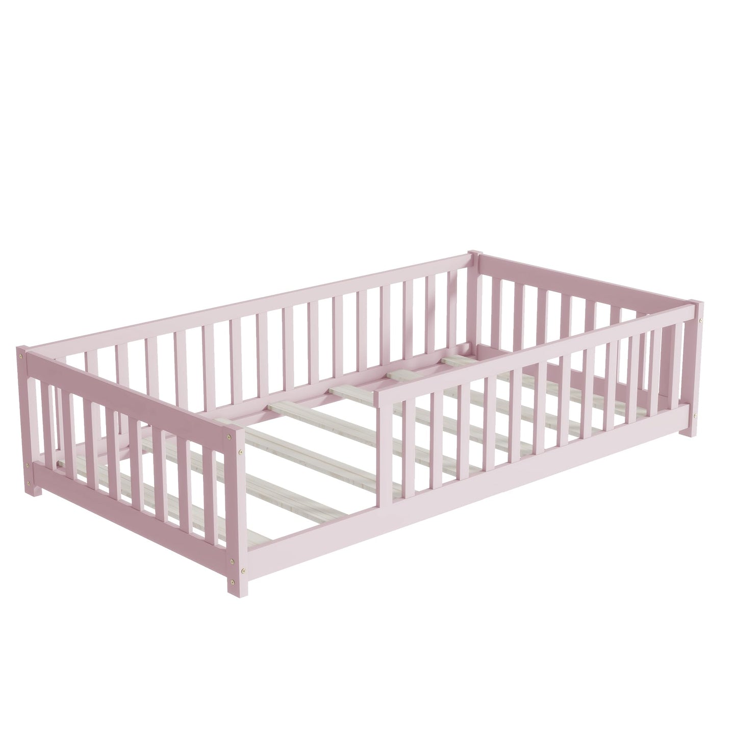 Bellemave Full Size Floor Bed with Slats and Safety Guardrail, Full Size Montessori Floor Bed with Fence and Door, Easy Assemble Montessori Beds for Kids, Girls, Boys, White
