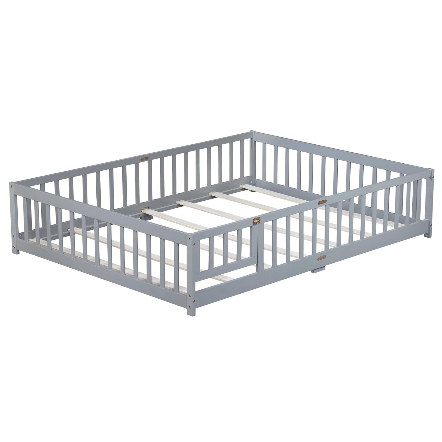 Bellemave Full Size Floor Bed with Slats and Safety Guardrail, Full Size Montessori Floor Bed with Fence and Door, Easy Assemble Montessori Beds for Kids, Girls, Boys, White