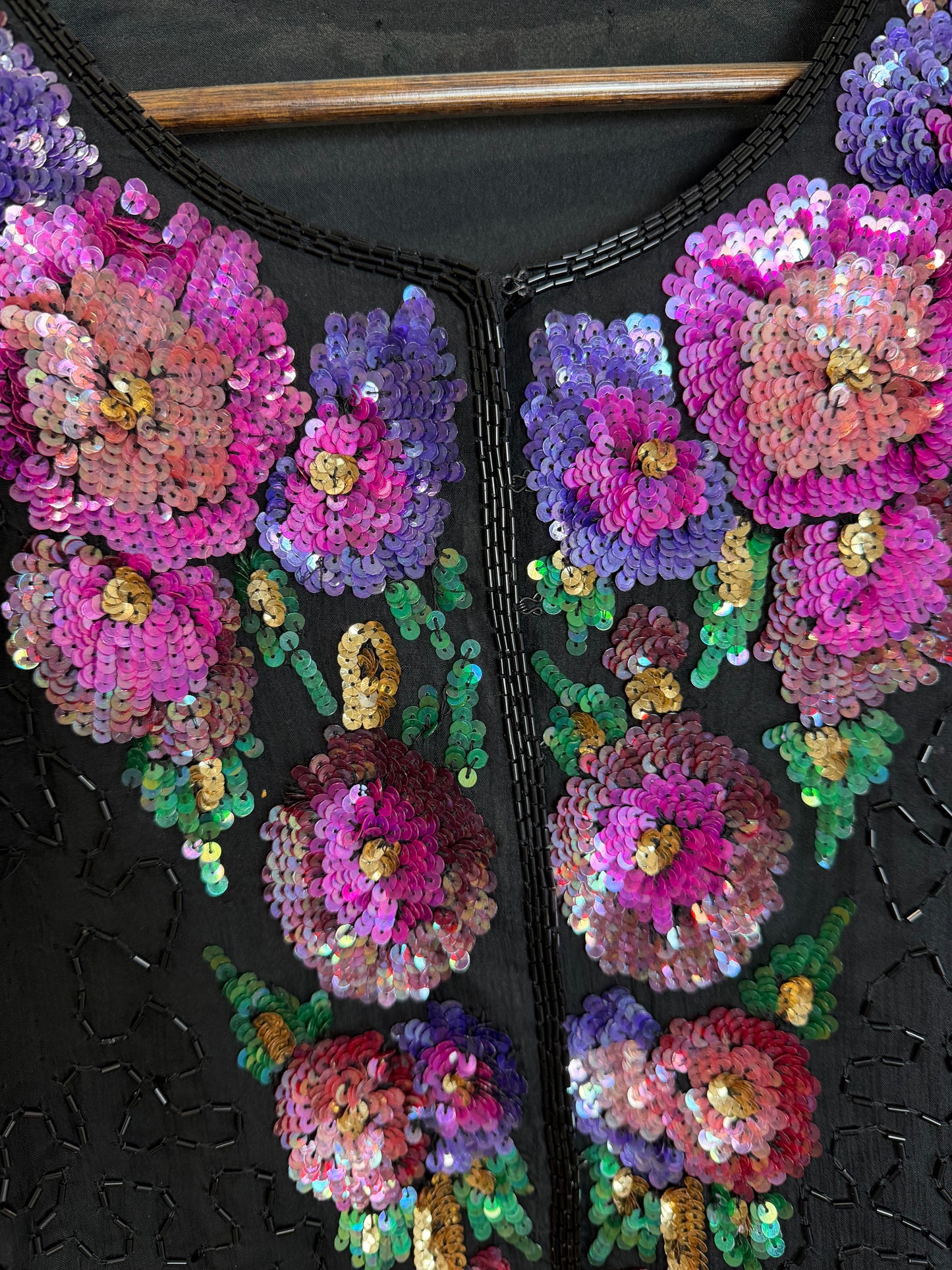 Vintage Floral Sequin Beaded Hook & Eye Jacket Black Evening Party 3X