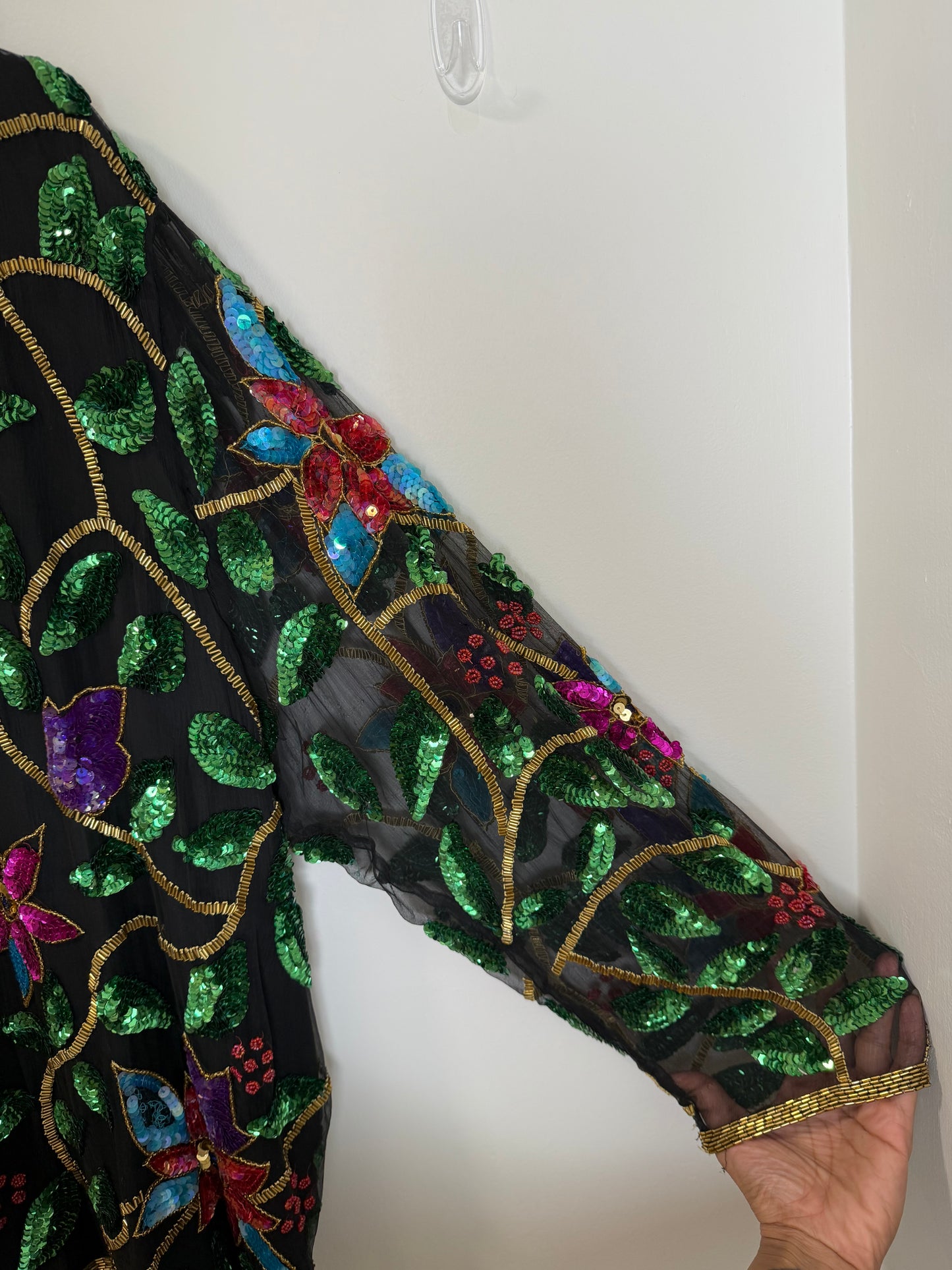 Vintage India Silk Sequin Beaded Floral Jacket Top Black 3X Boho Art Wear