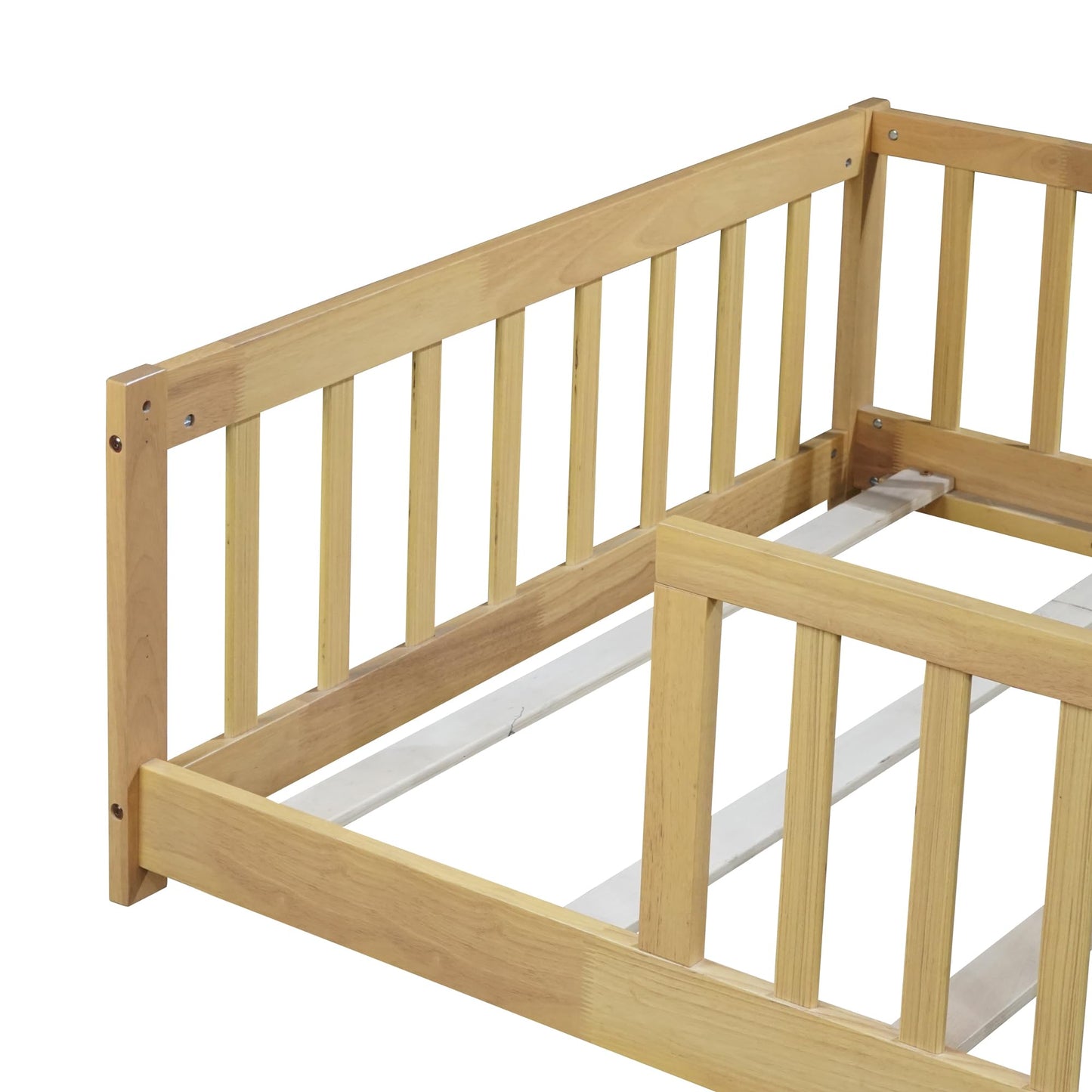 Bellemave Full Size Floor Bed with Slats and Safety Guardrail, Full Size Montessori Floor Bed with Fence and Door, Easy Assemble Montessori Beds for Kids, Girls, Boys, White