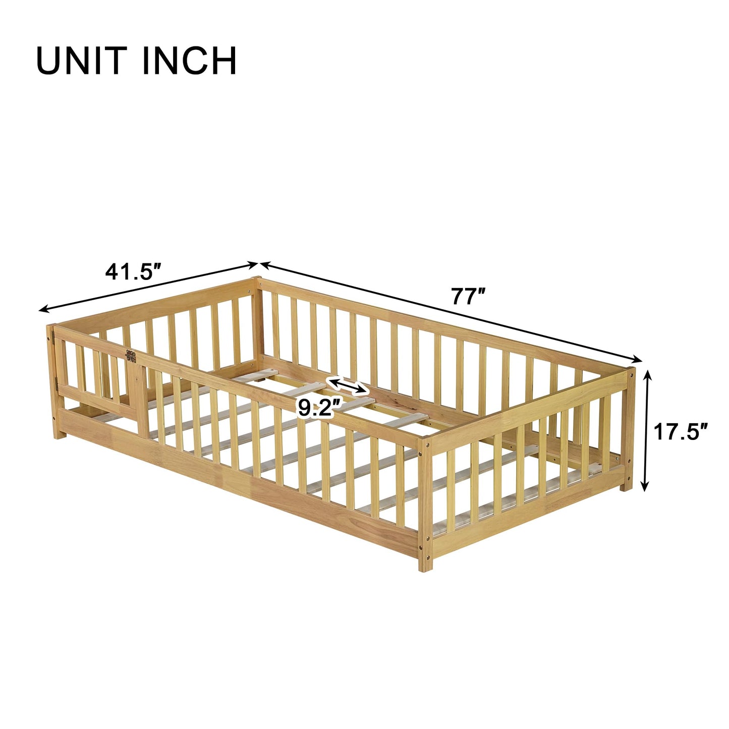 Bellemave Full Size Floor Bed with Slats and Safety Guardrail, Full Size Montessori Floor Bed with Fence and Door, Easy Assemble Montessori Beds for Kids, Girls, Boys, White