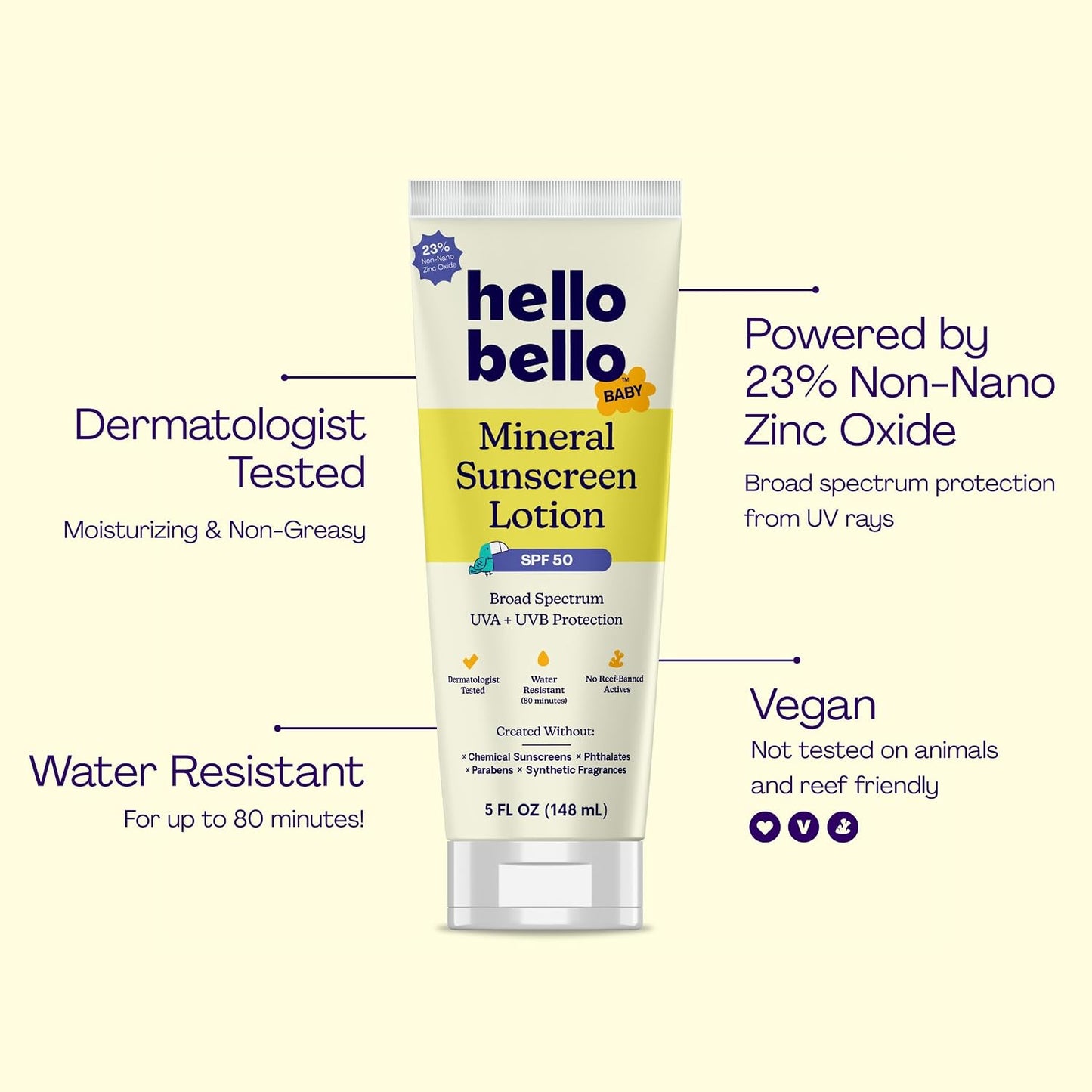 Hello Bello Mineral SPF 55 Sunscreen Lotion with Prebiotics, Water Resistant and Reef Friendly Sun Protection for Babies and Kids, 3 fl oz (Pack of 1)