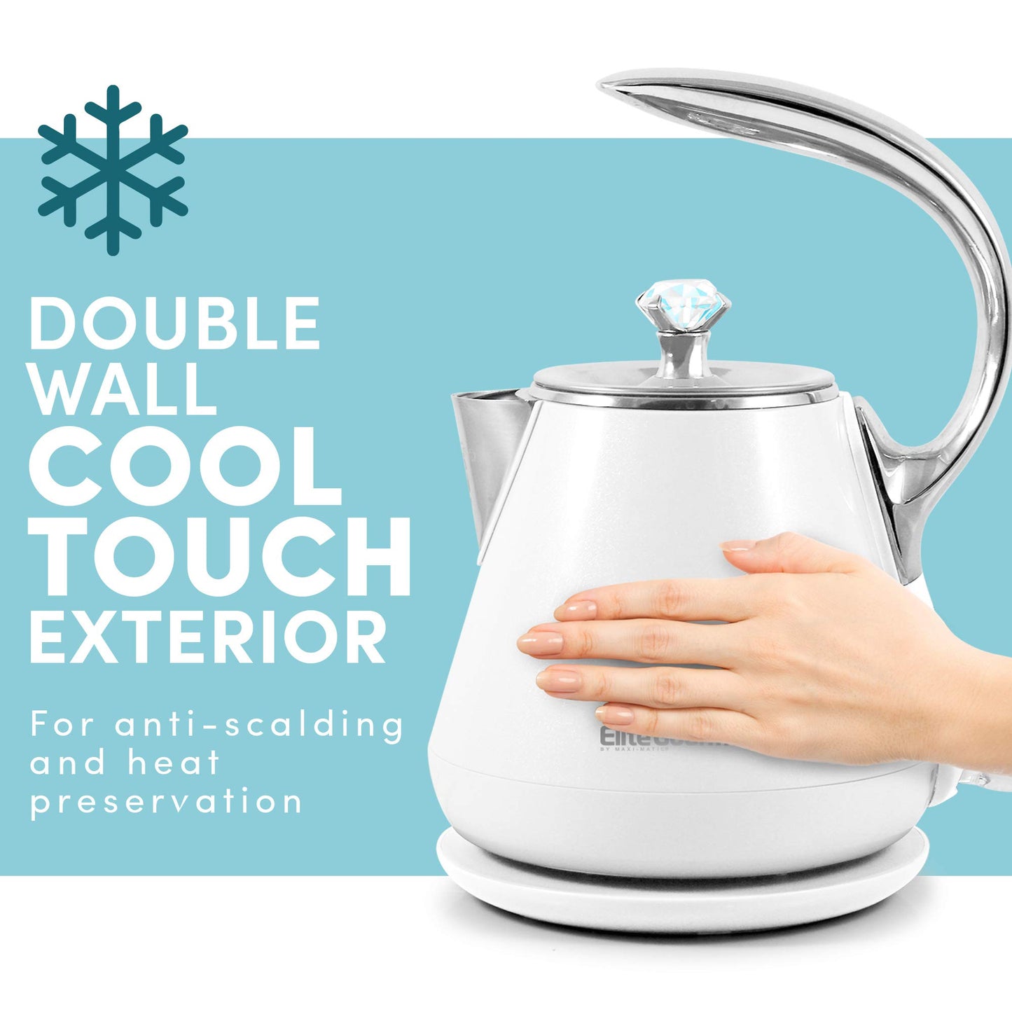 Elite Gourmet 1.7L Dual Wall Cool Touch Electric Tea Kettle, Borosilicate Glass, 304 Stainless Steel Interior, Programmed Digital Touchscreen, Keep Warm, Auto Off & Audible Indicator, Black