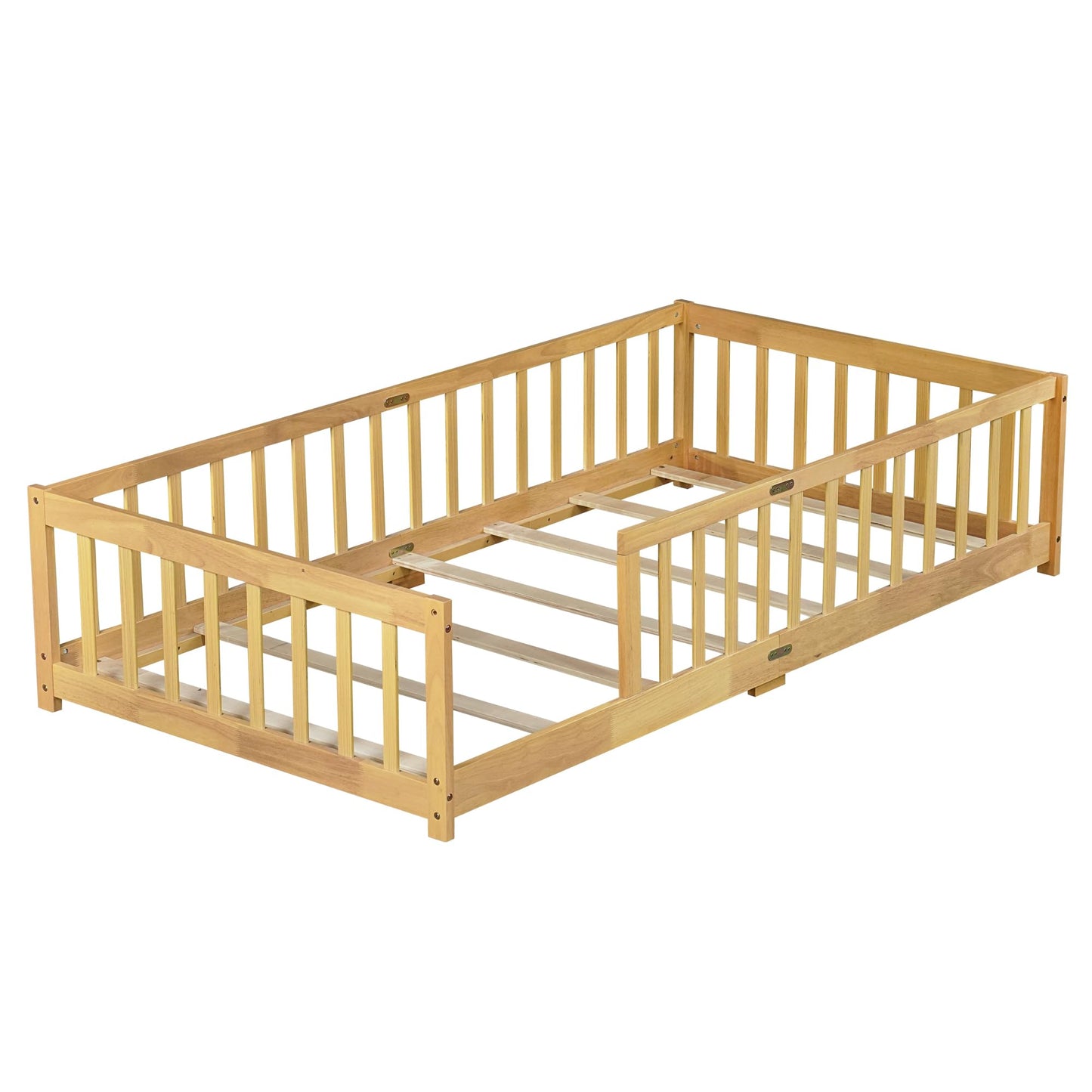 Bellemave Full Size Floor Bed with Slats and Safety Guardrail, Full Size Montessori Floor Bed with Fence and Door, Easy Assemble Montessori Beds for Kids, Girls, Boys, White