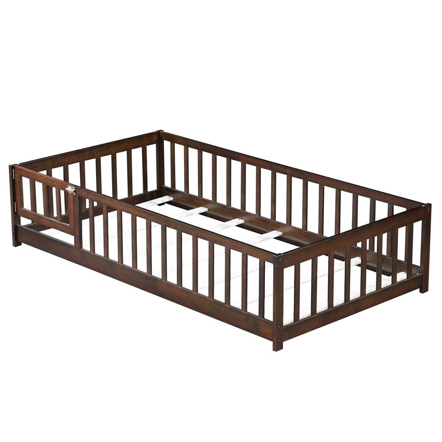Bellemave Full Size Floor Bed with Slats and Safety Guardrail, Full Size Montessori Floor Bed with Fence and Door, Easy Assemble Montessori Beds for Kids, Girls, Boys, White