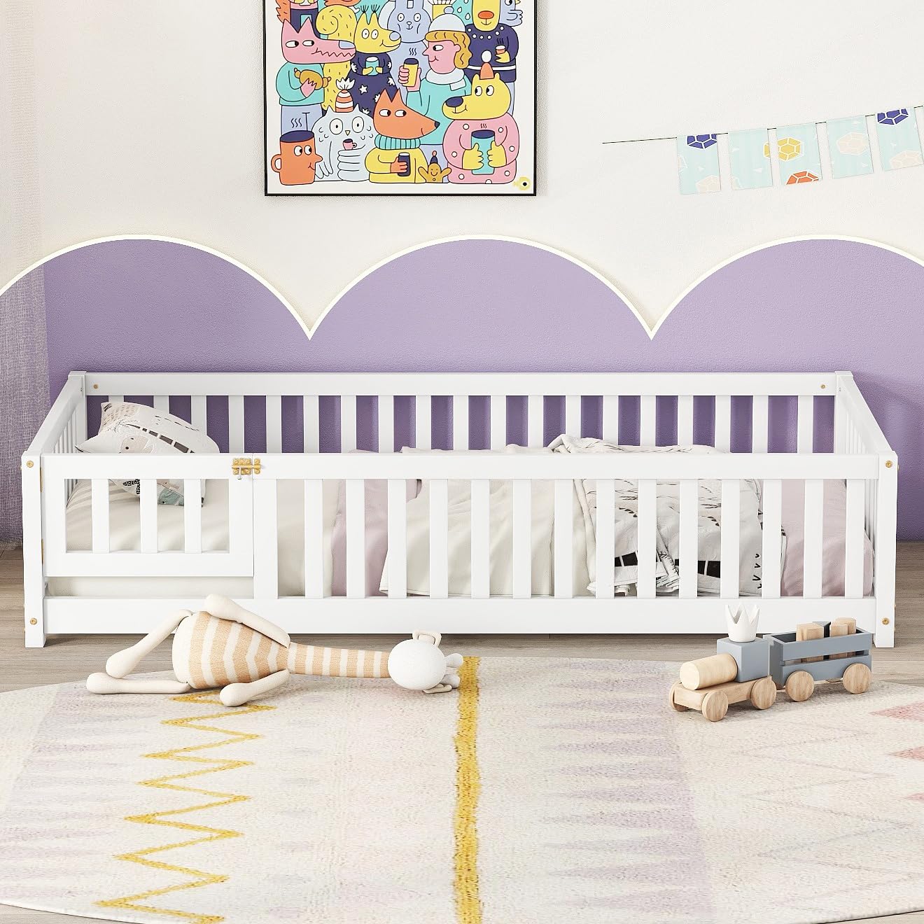Bellemave Full Size Floor Bed with Slats and Safety Guardrail, Full Size Montessori Floor Bed with Fence and Door, Easy Assemble Montessori Beds for Kids, Girls, Boys, White