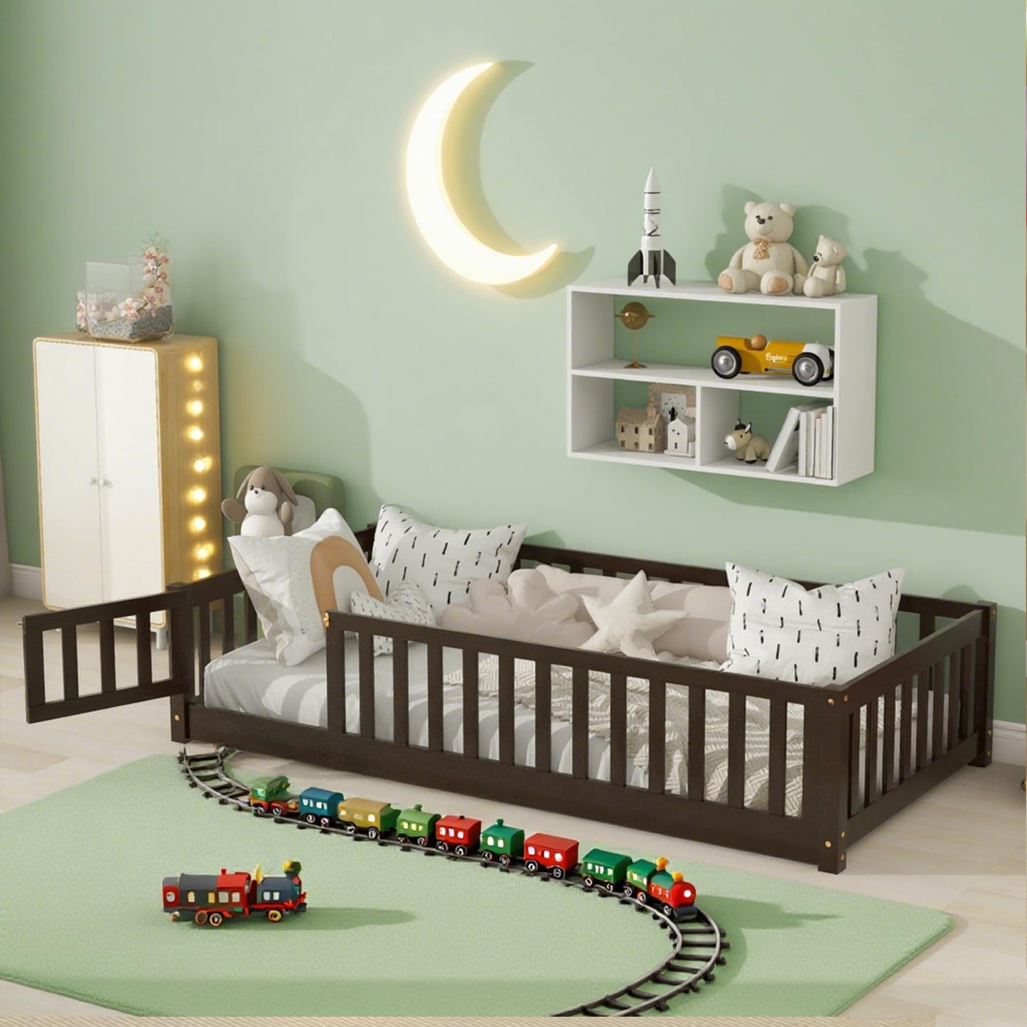 Bellemave Full Size Floor Bed with Slats and Safety Guardrail, Full Size Montessori Floor Bed with Fence and Door, Easy Assemble Montessori Beds for Kids, Girls, Boys, White